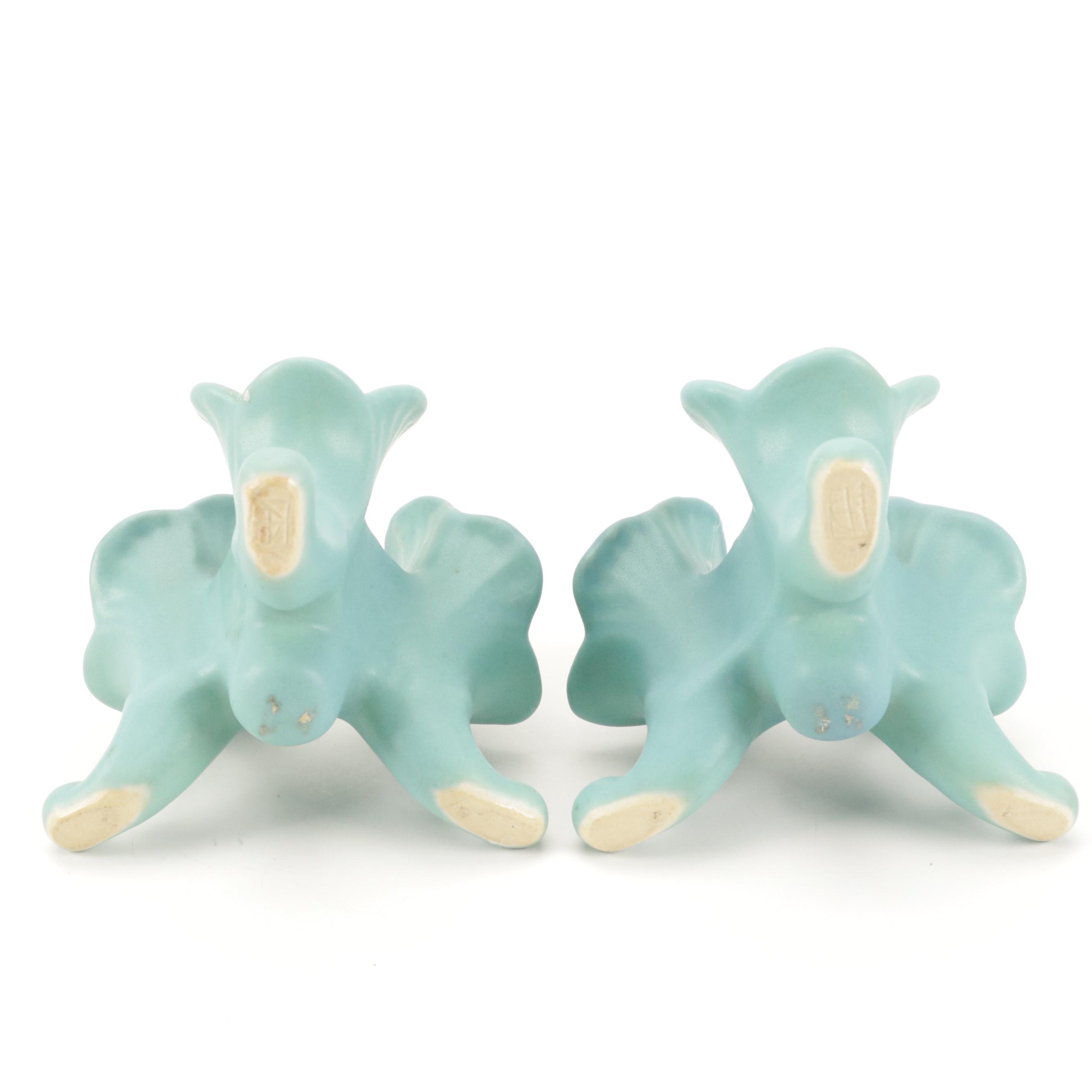 Van Briggle Matte Turquoise Pottery Three-Footed Flower Candlesticks