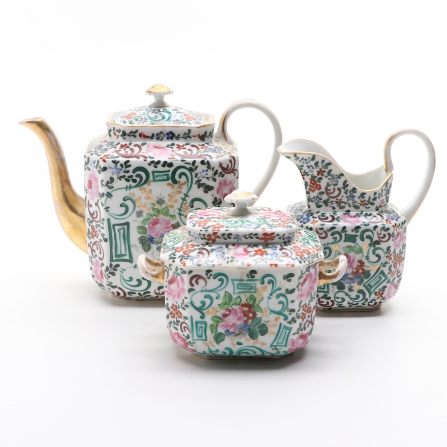 English Porcelain Famille Rose Style Enameled Gilt, Early 19th Century