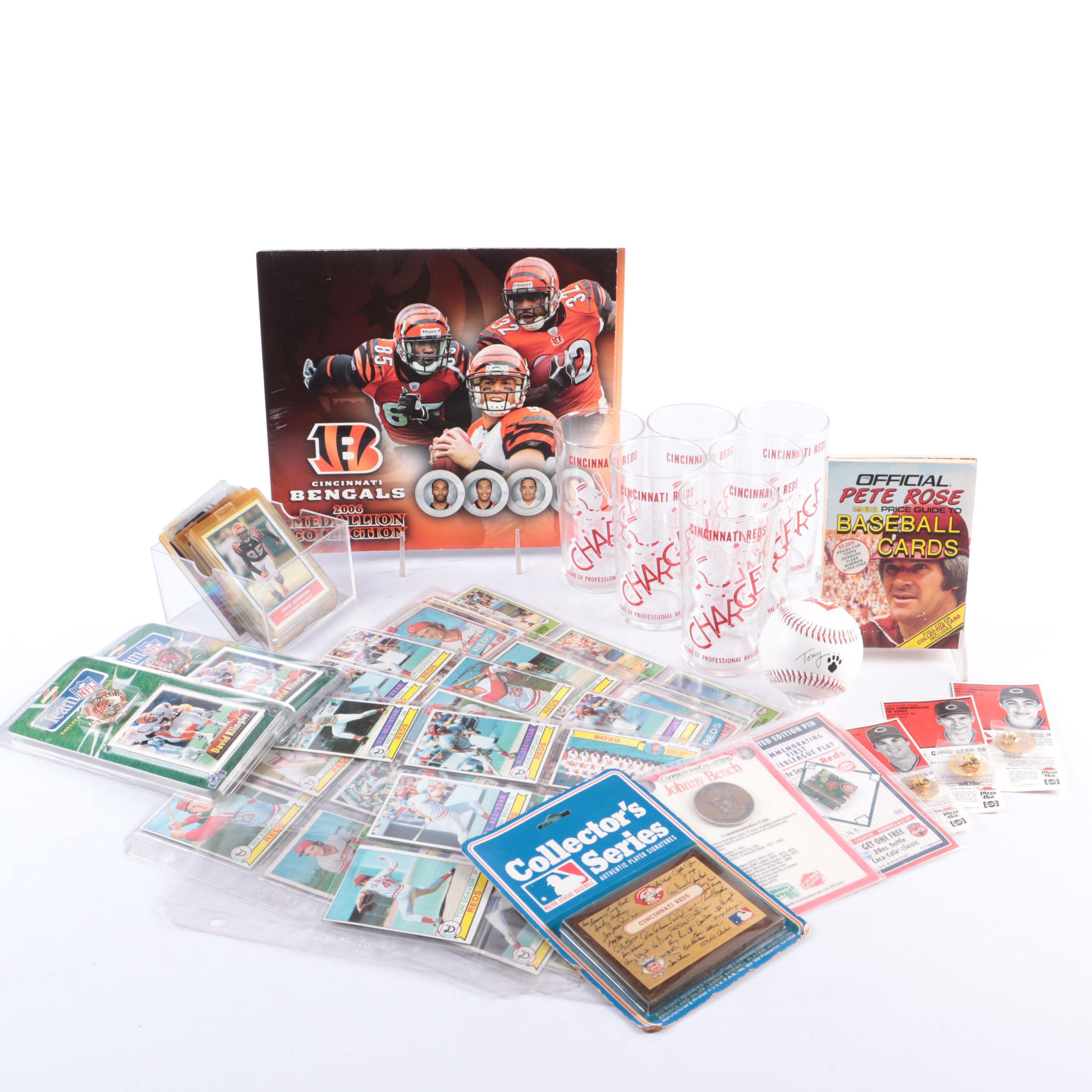 Cincinnati Reds and Bengals Trading Cards, Pins, Charge Glasses, and More
