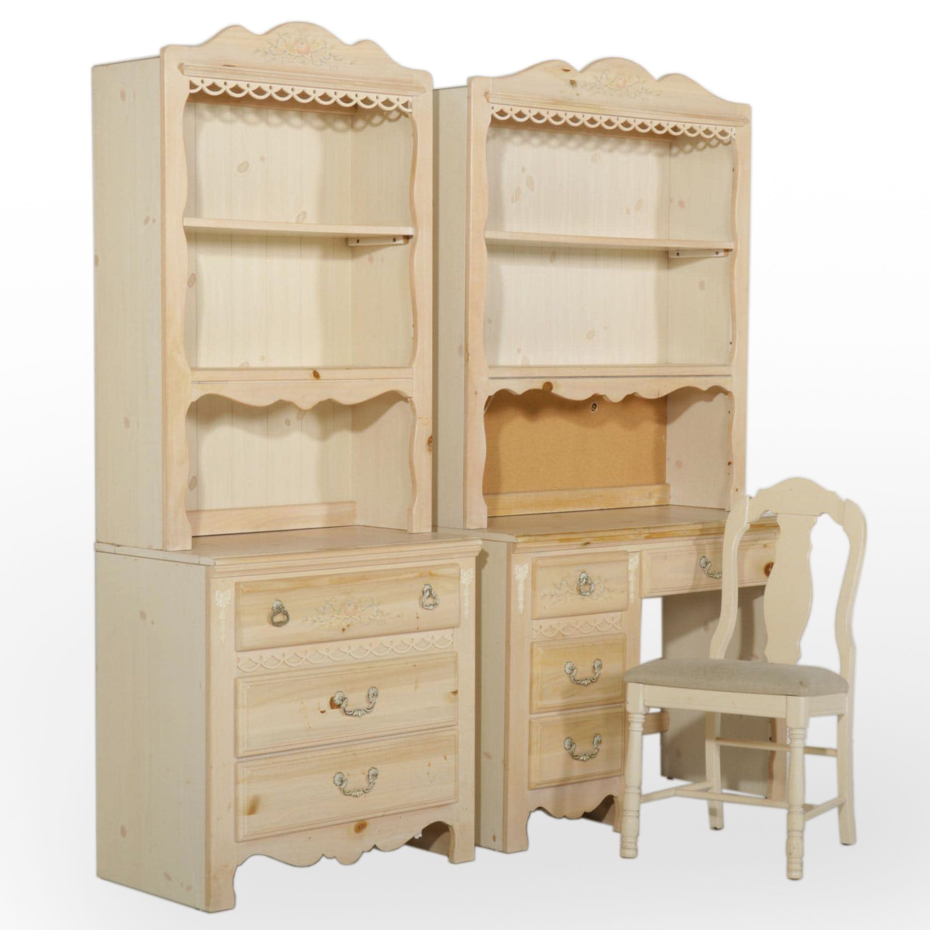 Lea Industries French Provincial Style Washed Pine Desk, Dresser, and