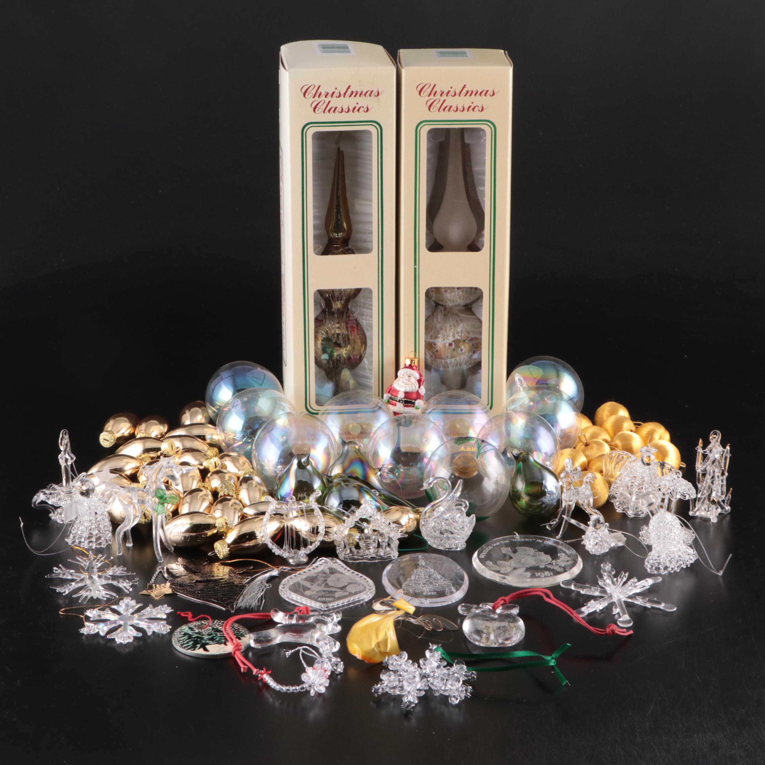 German Opalescent Blown Glass Ornaments with Other Glass Ornaments, Vintage