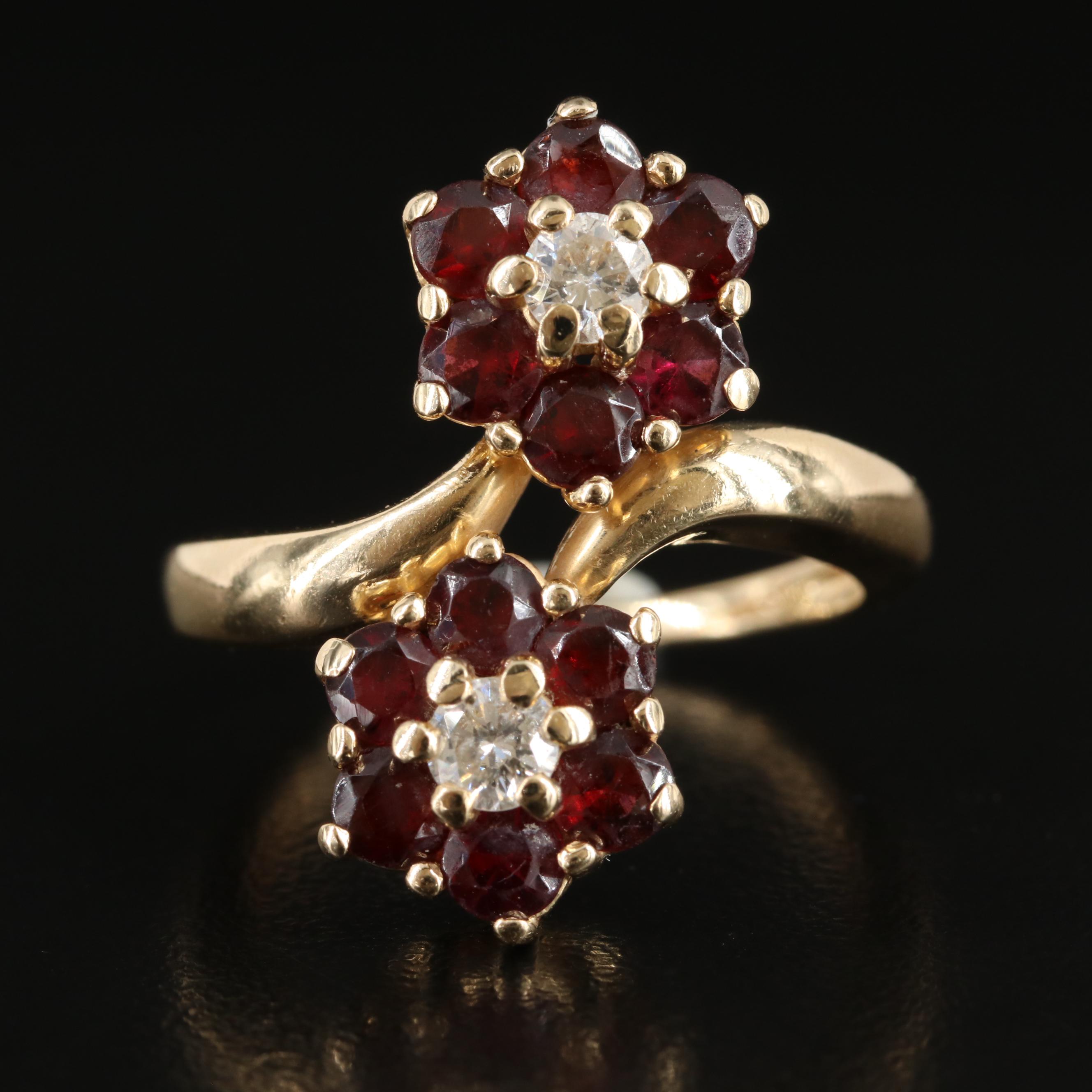 14K Diamond and Garnet Floral Bypass Ring