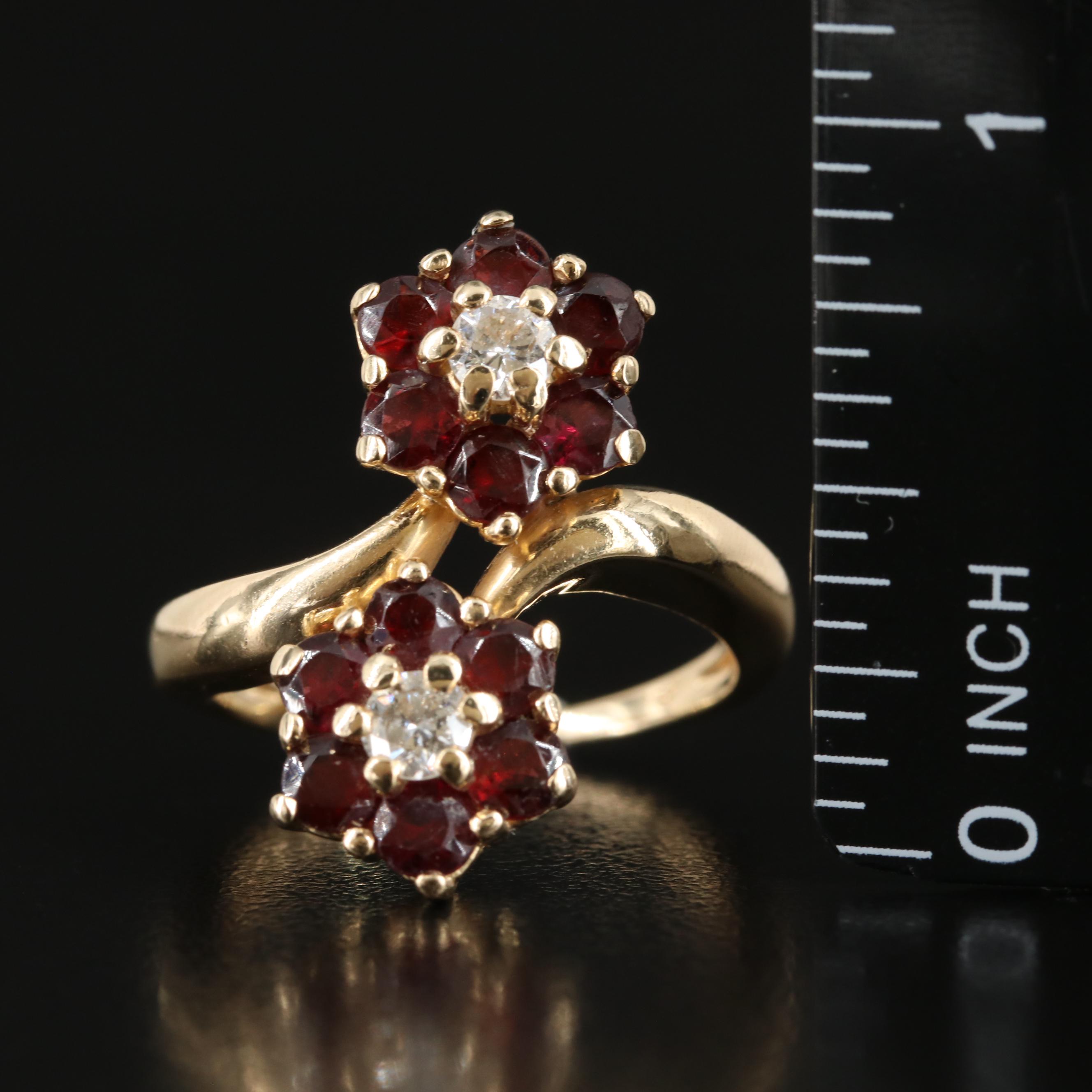 14K Diamond and Garnet Floral Bypass Ring