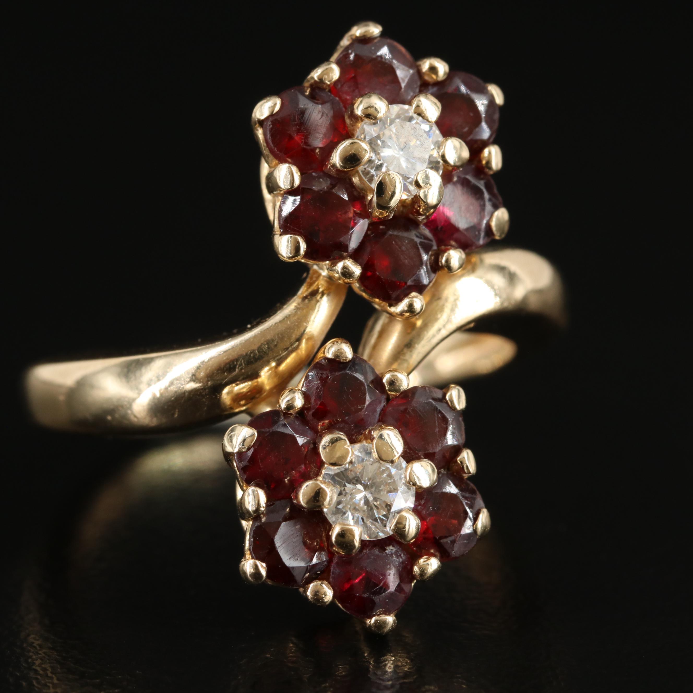 14K Diamond and Garnet Floral Bypass Ring