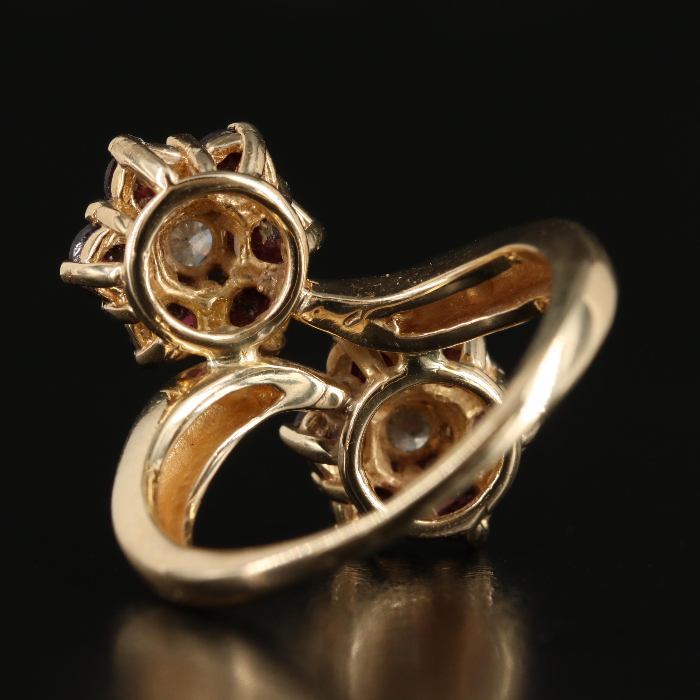 14K Diamond and Garnet Floral Bypass Ring