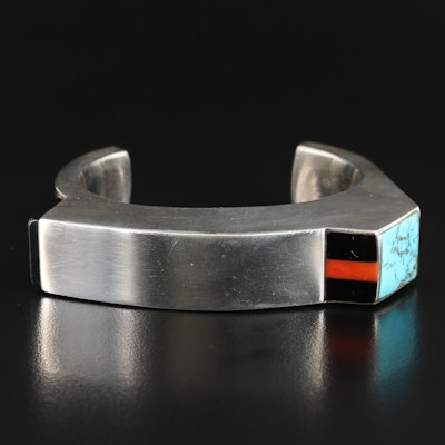 Ted Charvese Isleta Sterling Turquoise, Coral and Black Onyx Cuff