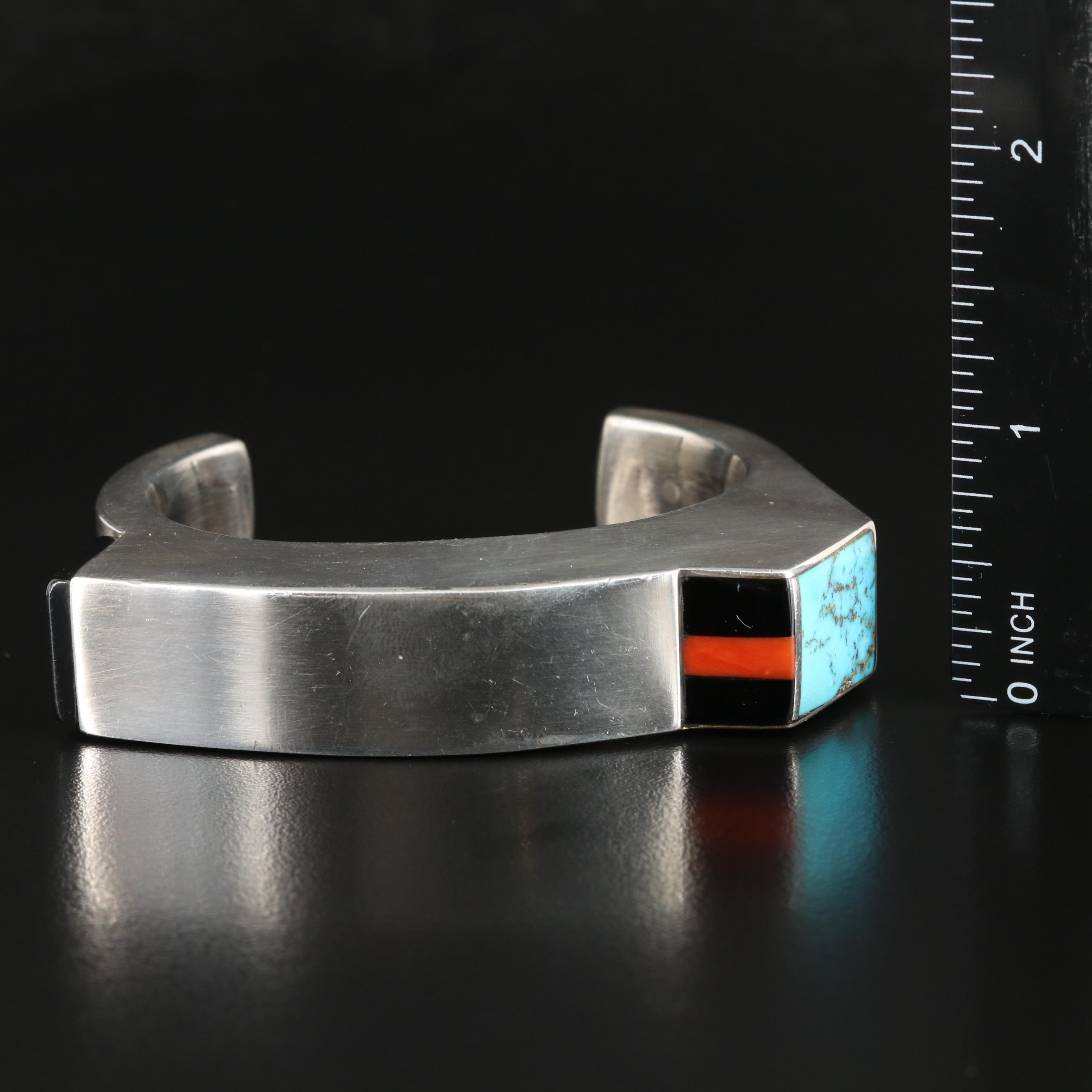 Ted Charvese Isleta Sterling Turquoise, Coral and Black Onyx Cuff
