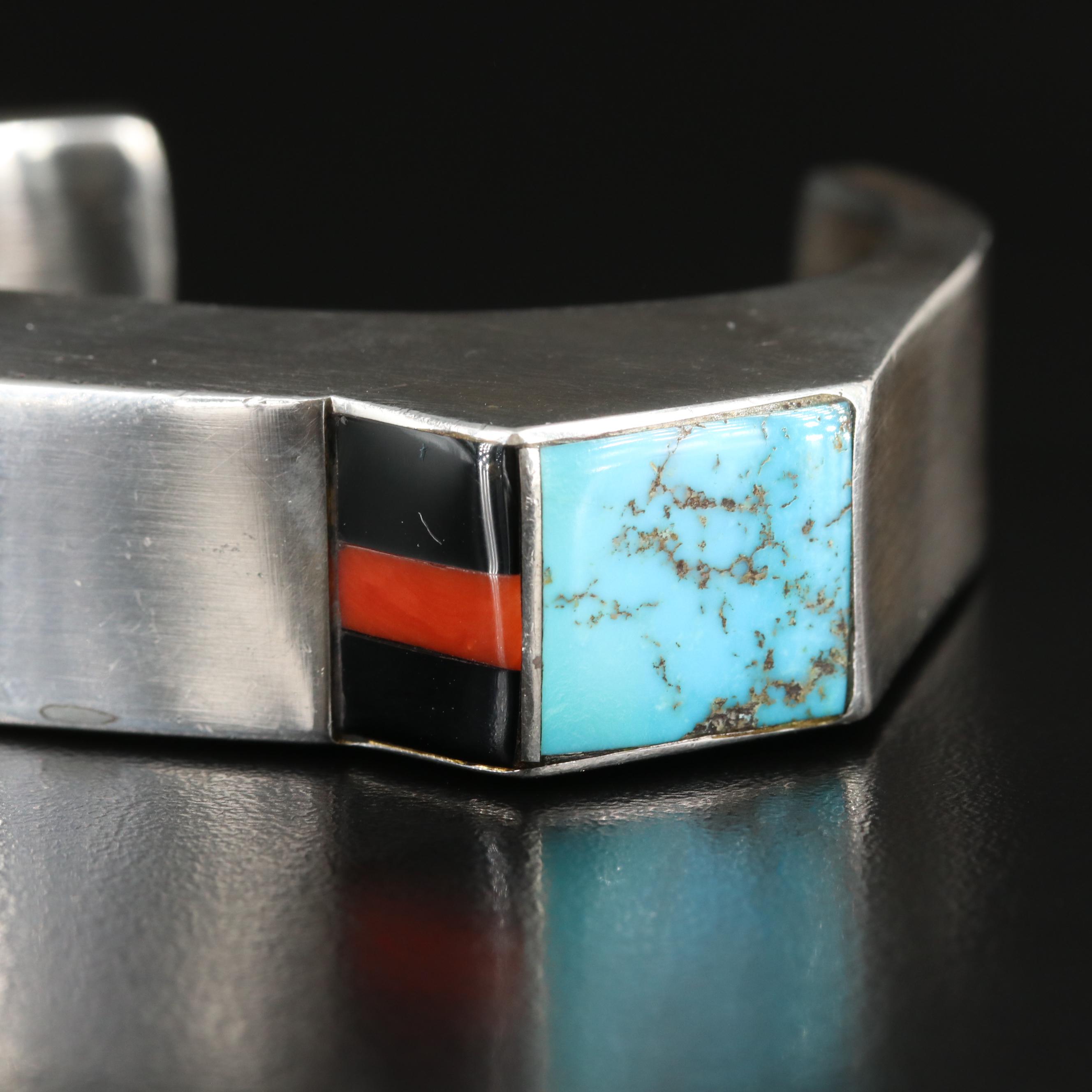 Ted Charvese Isleta Sterling Turquoise, Coral and Black Onyx Cuff