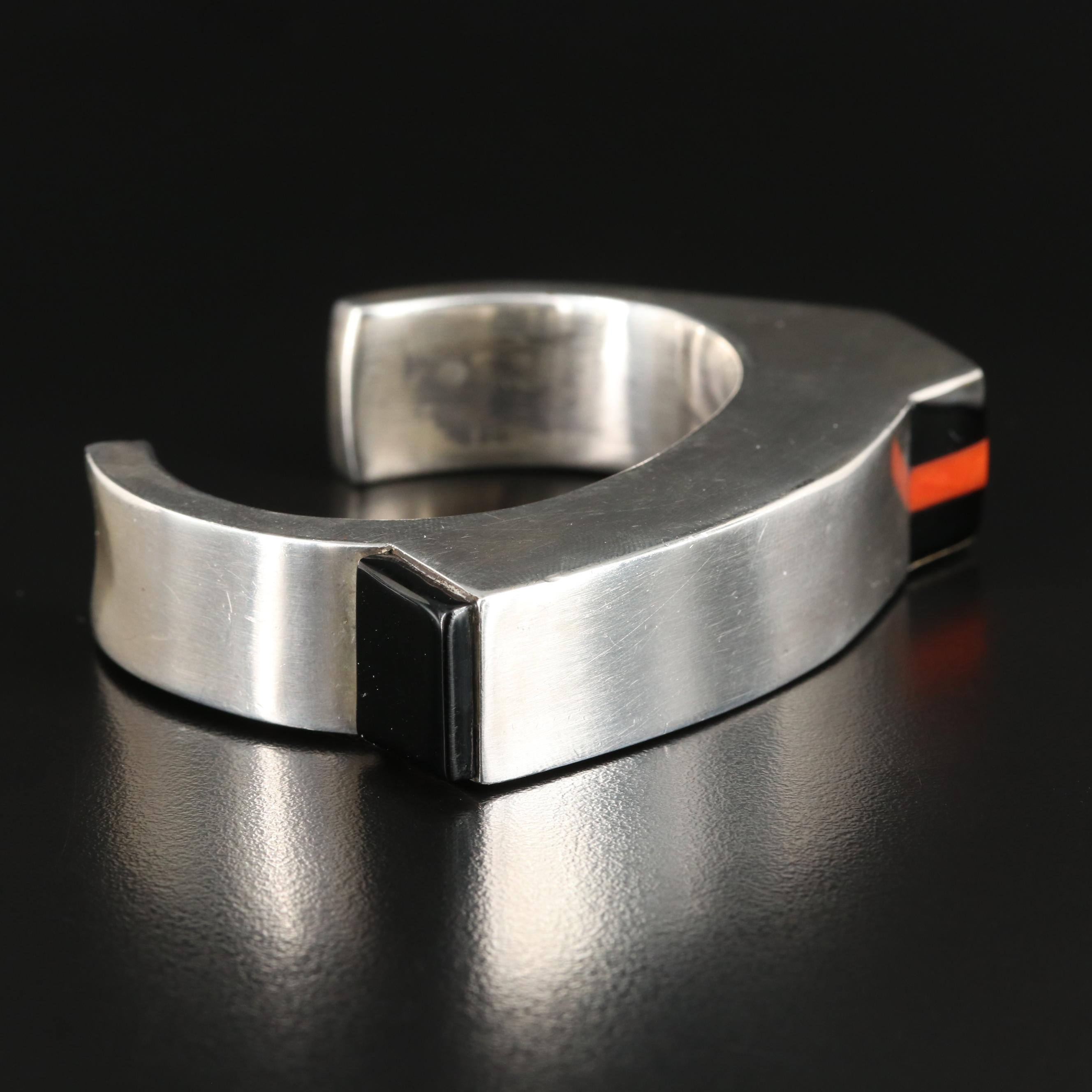 Ted Charvese Isleta Sterling Turquoise, Coral and Black Onyx Cuff