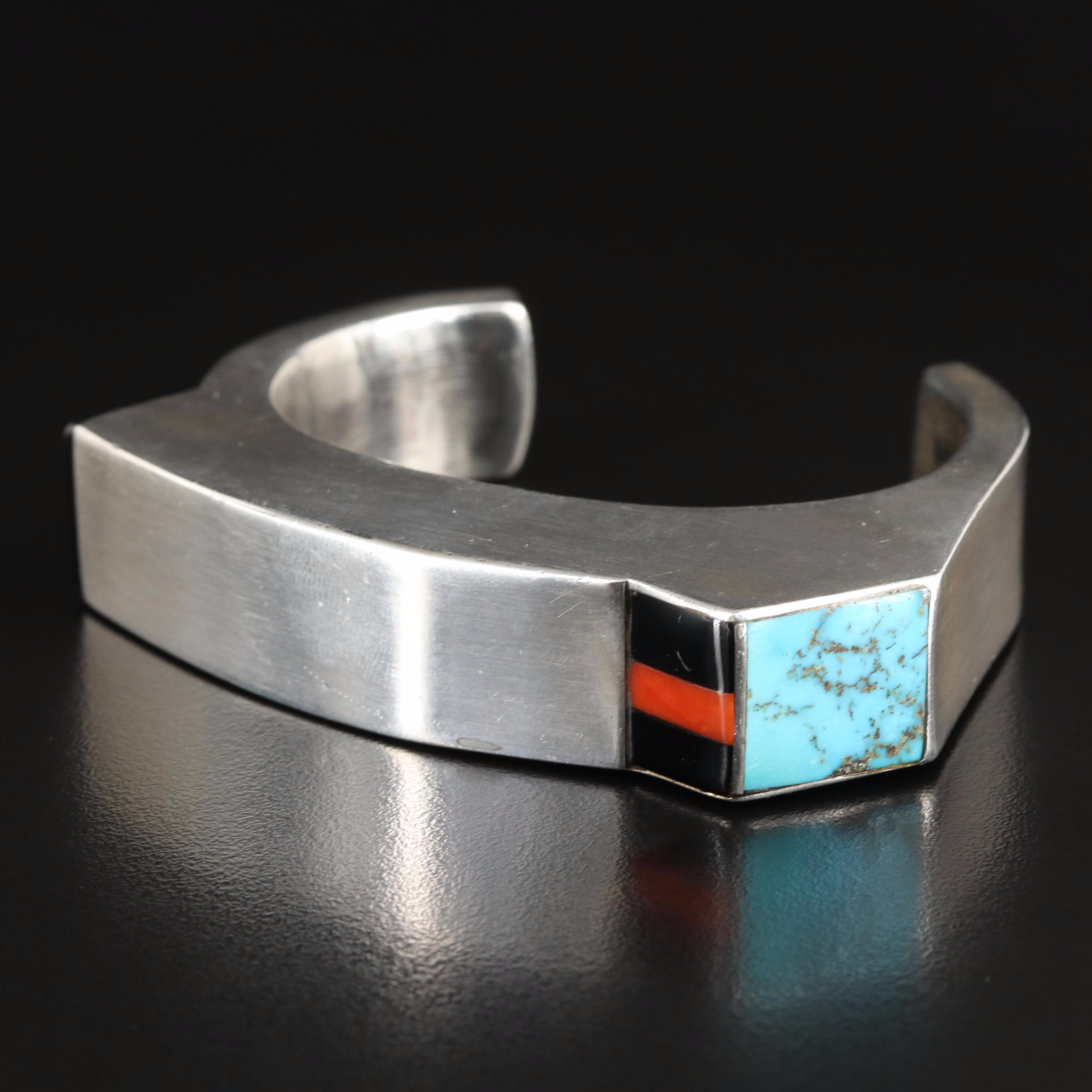 Ted Charvese Isleta Sterling Turquoise, Coral and Black Onyx Cuff