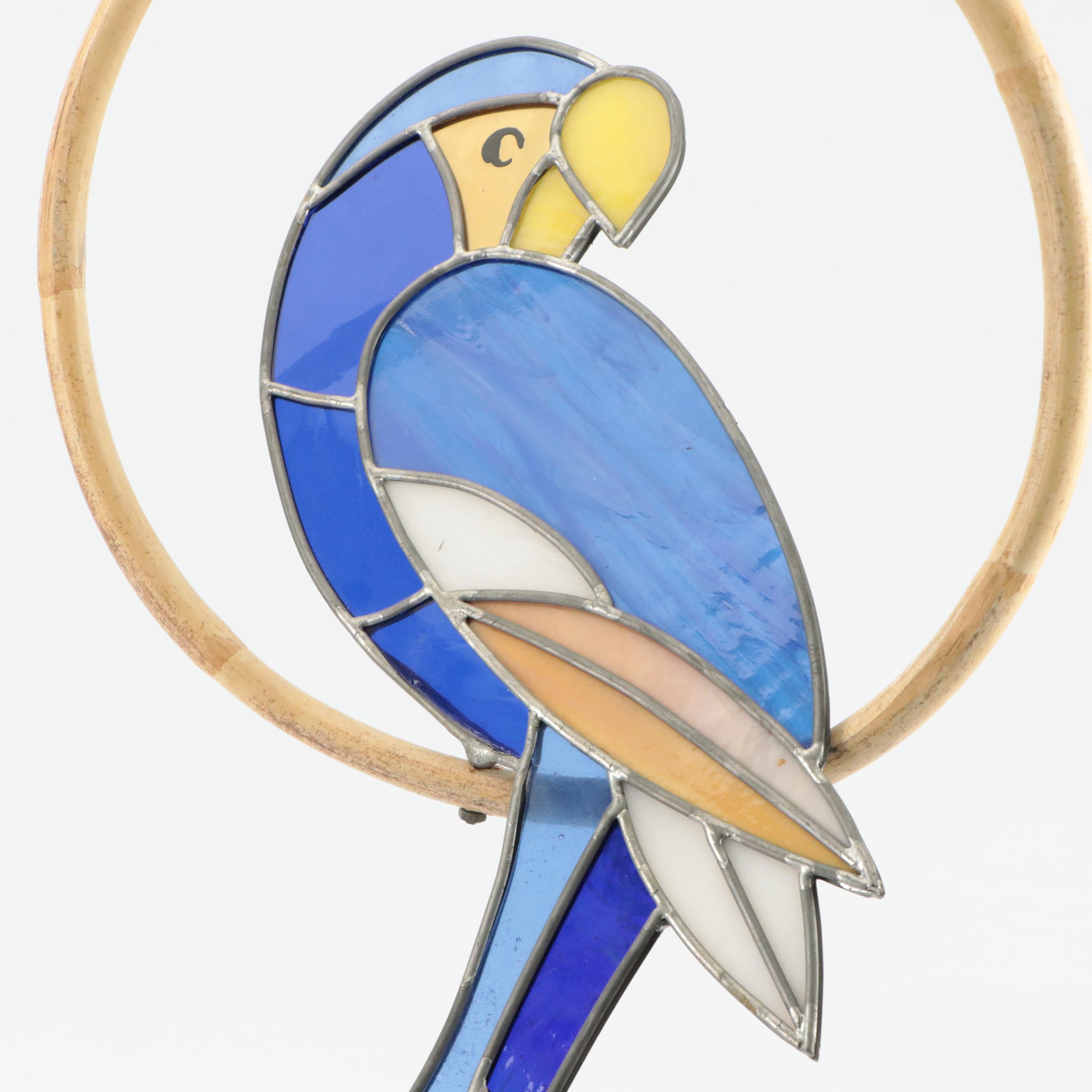 Stained Glass Turning Parrot on Bamboo Perch Suncatcher