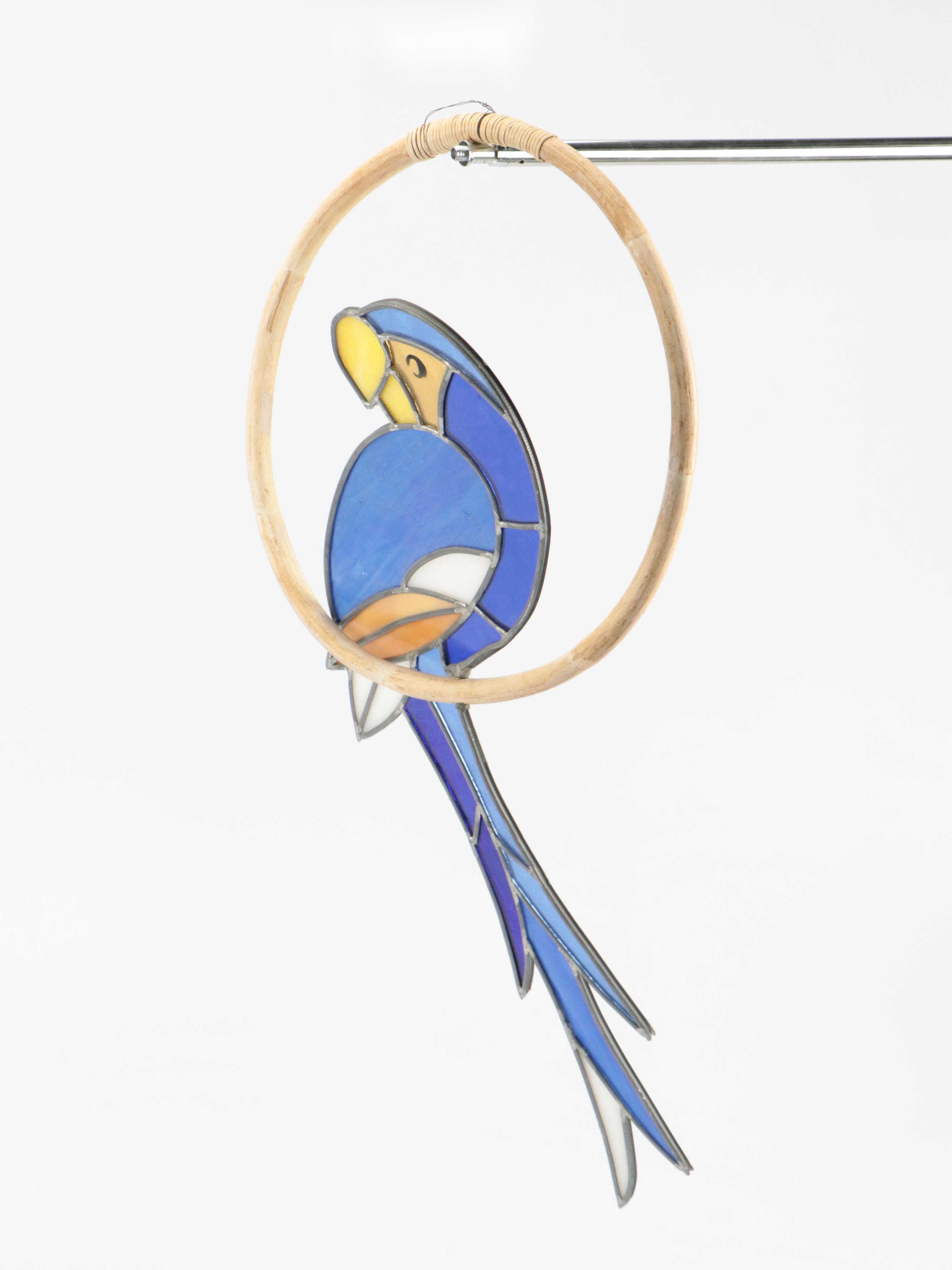Stained Glass Turning Parrot on Bamboo Perch Suncatcher