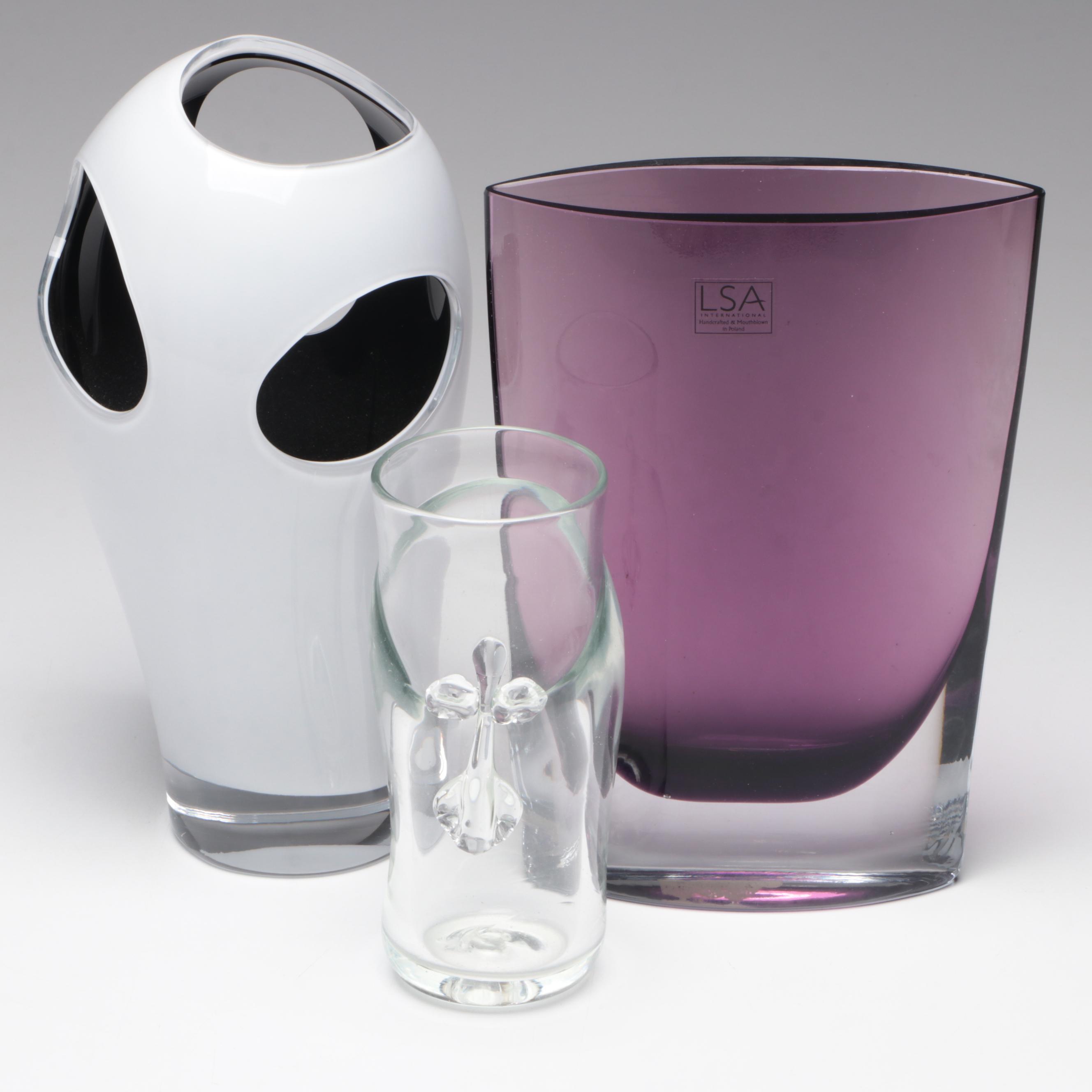 Poland LSA Blown Amethyst Art Glass Vase With Face Vase & Campi Style Vase