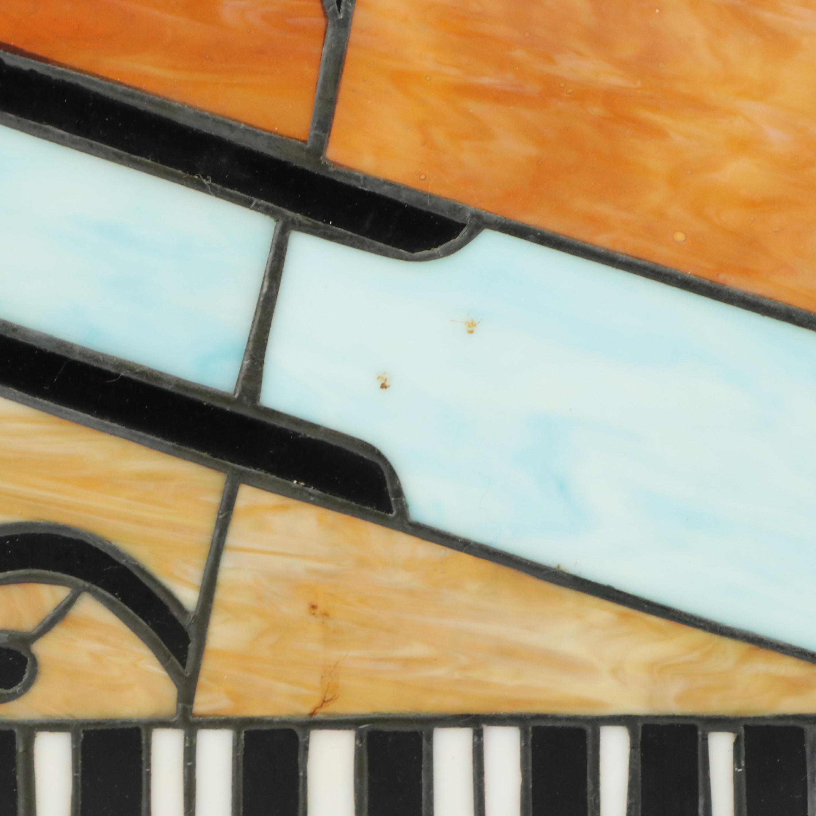 Stained and Slag Glass Hanging Panel of Musical Notes and Piano Keys