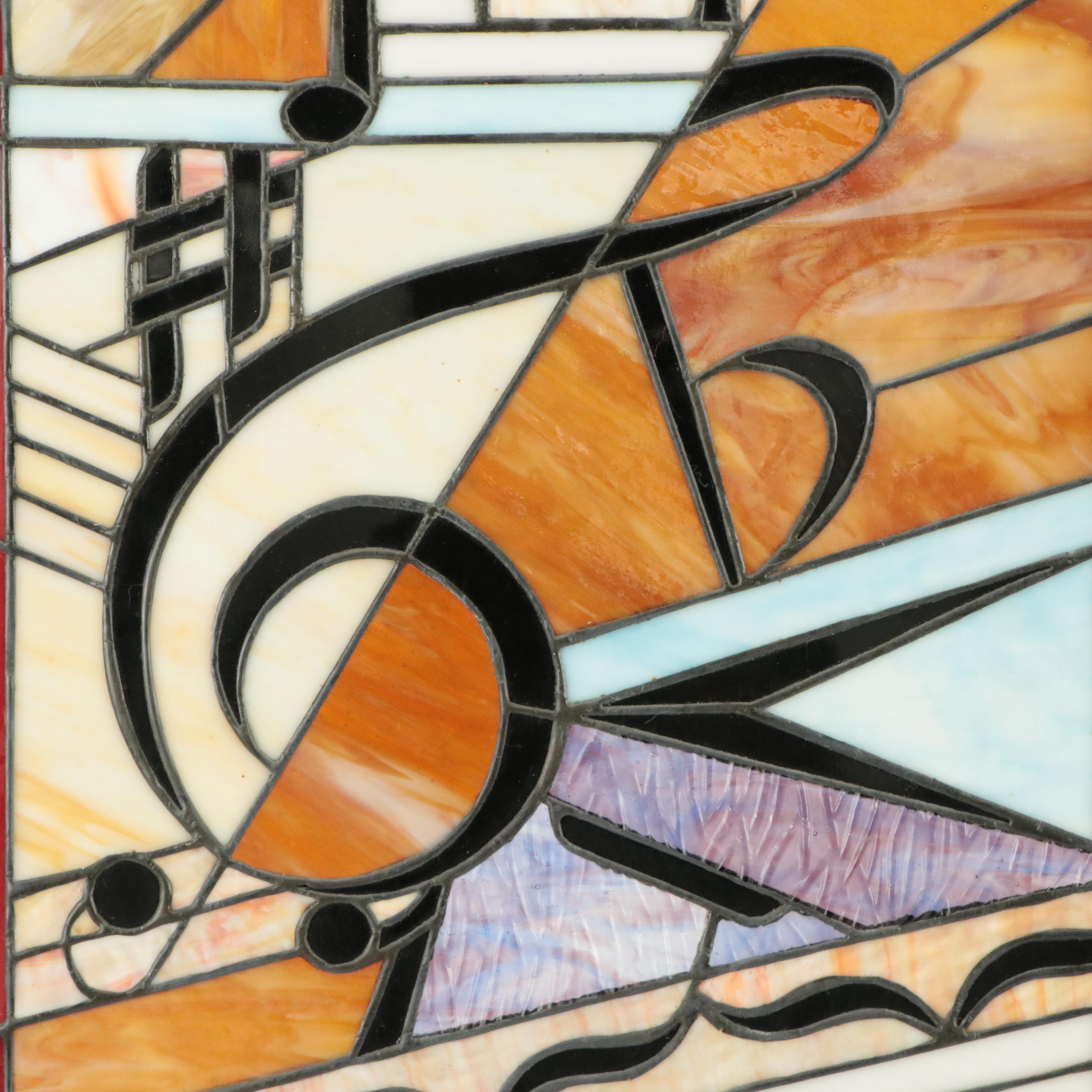 Stained and Slag Glass Hanging Panel of Musical Notes and Piano Keys