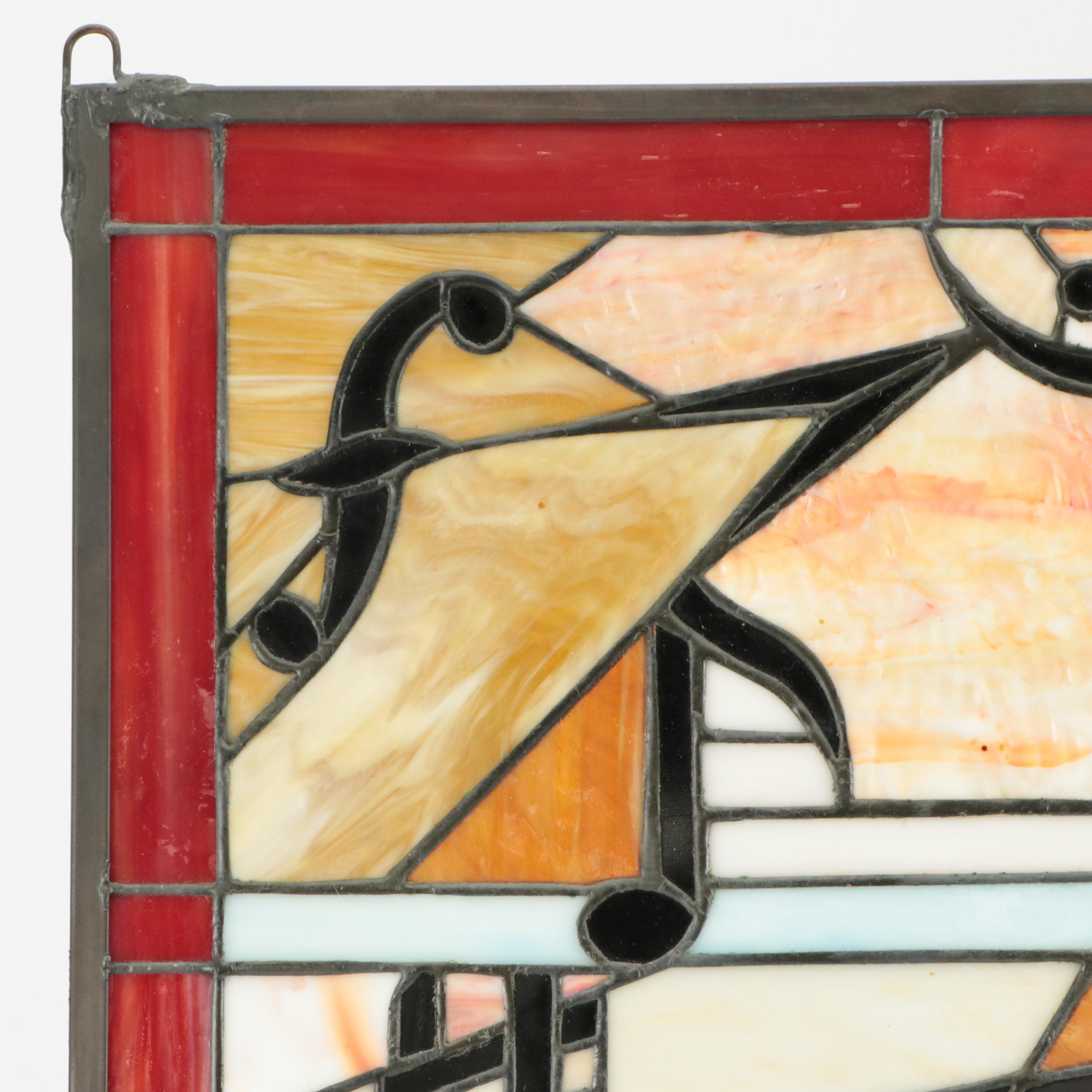 Stained and Slag Glass Hanging Panel of Musical Notes and Piano Keys
