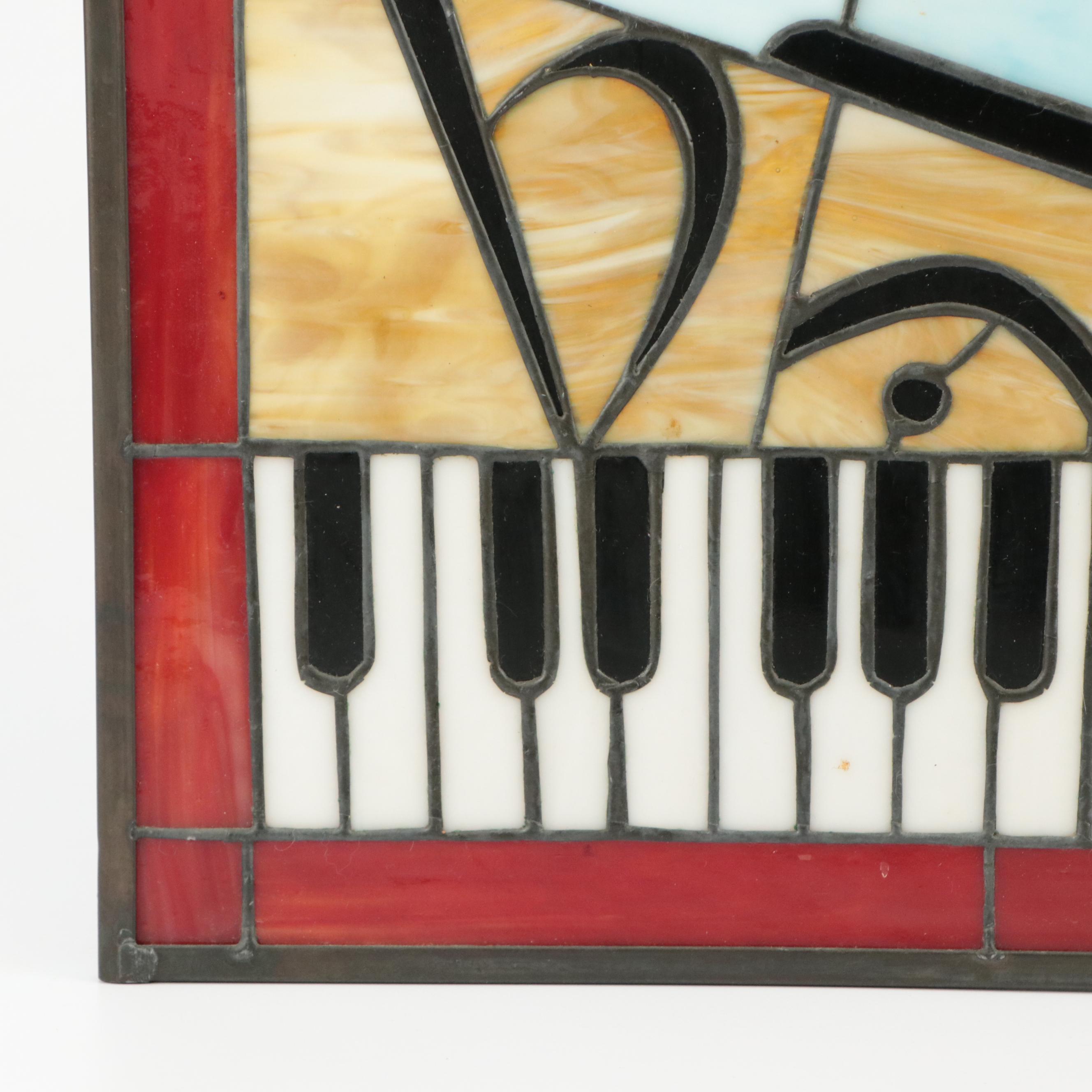 Stained and Slag Glass Hanging Panel of Musical Notes and Piano Keys