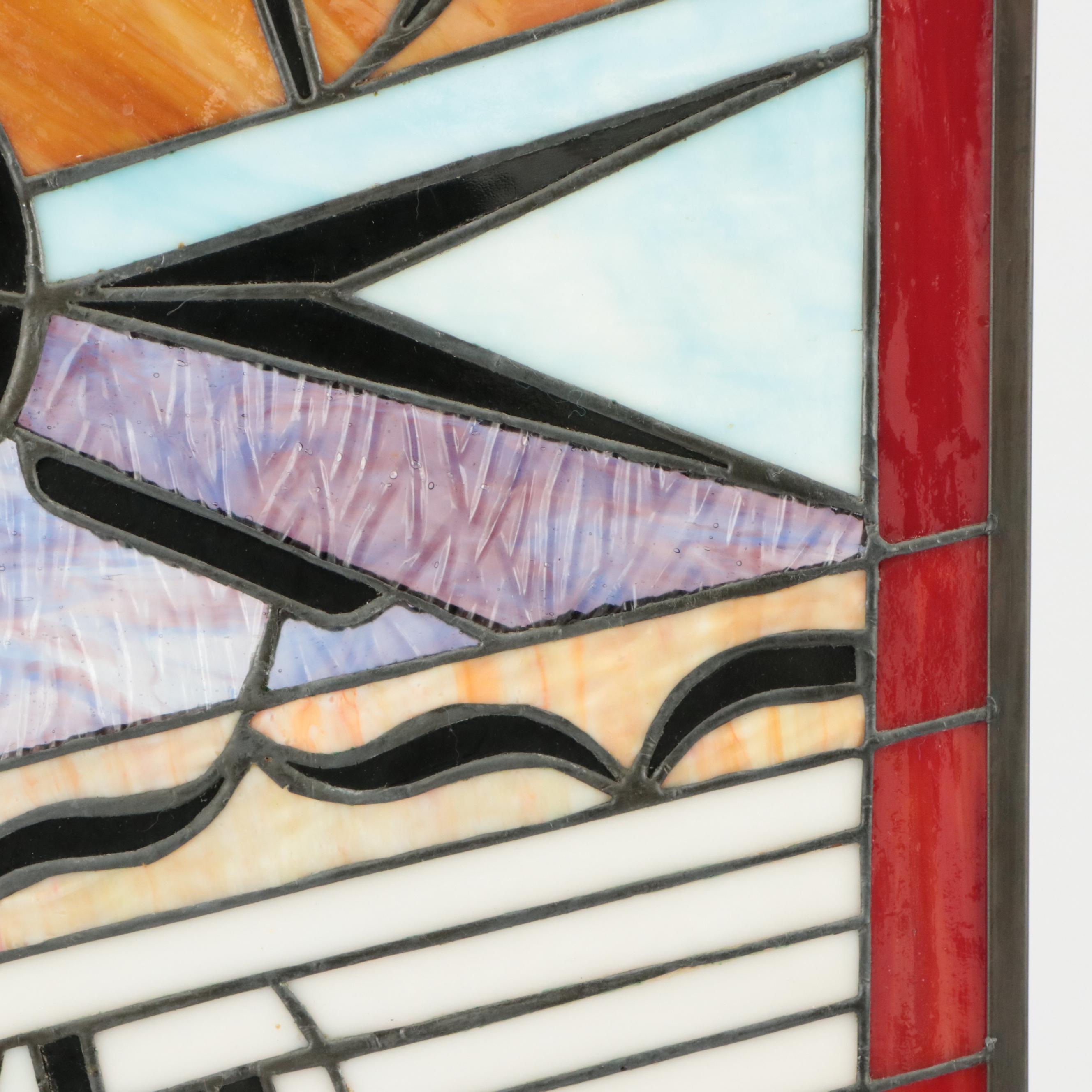 Stained and Slag Glass Hanging Panel of Musical Notes and Piano Keys