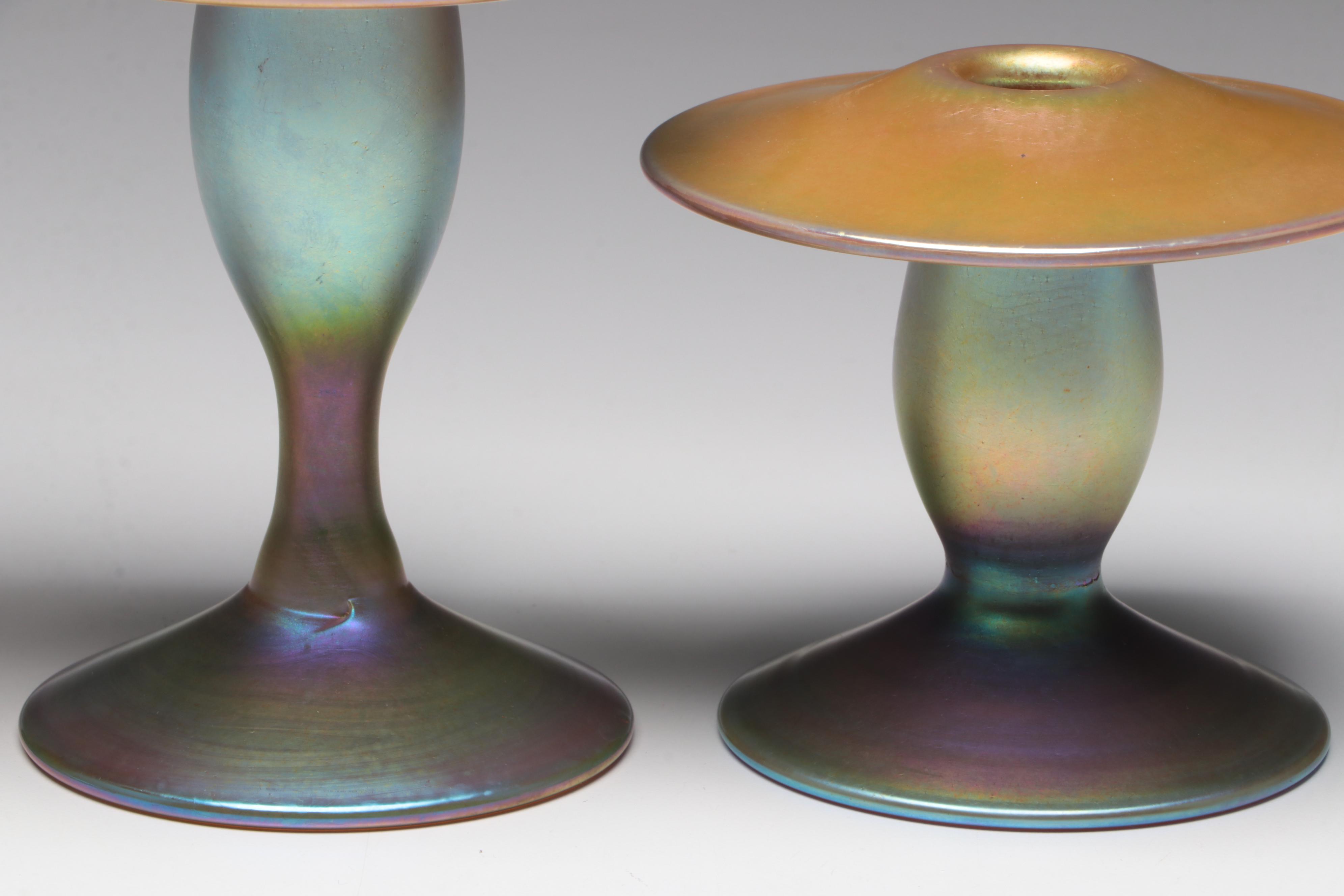 Three Carl Radke Phoenix Studio Glass Gold Iridescent Tapered Candlesticks, 1982