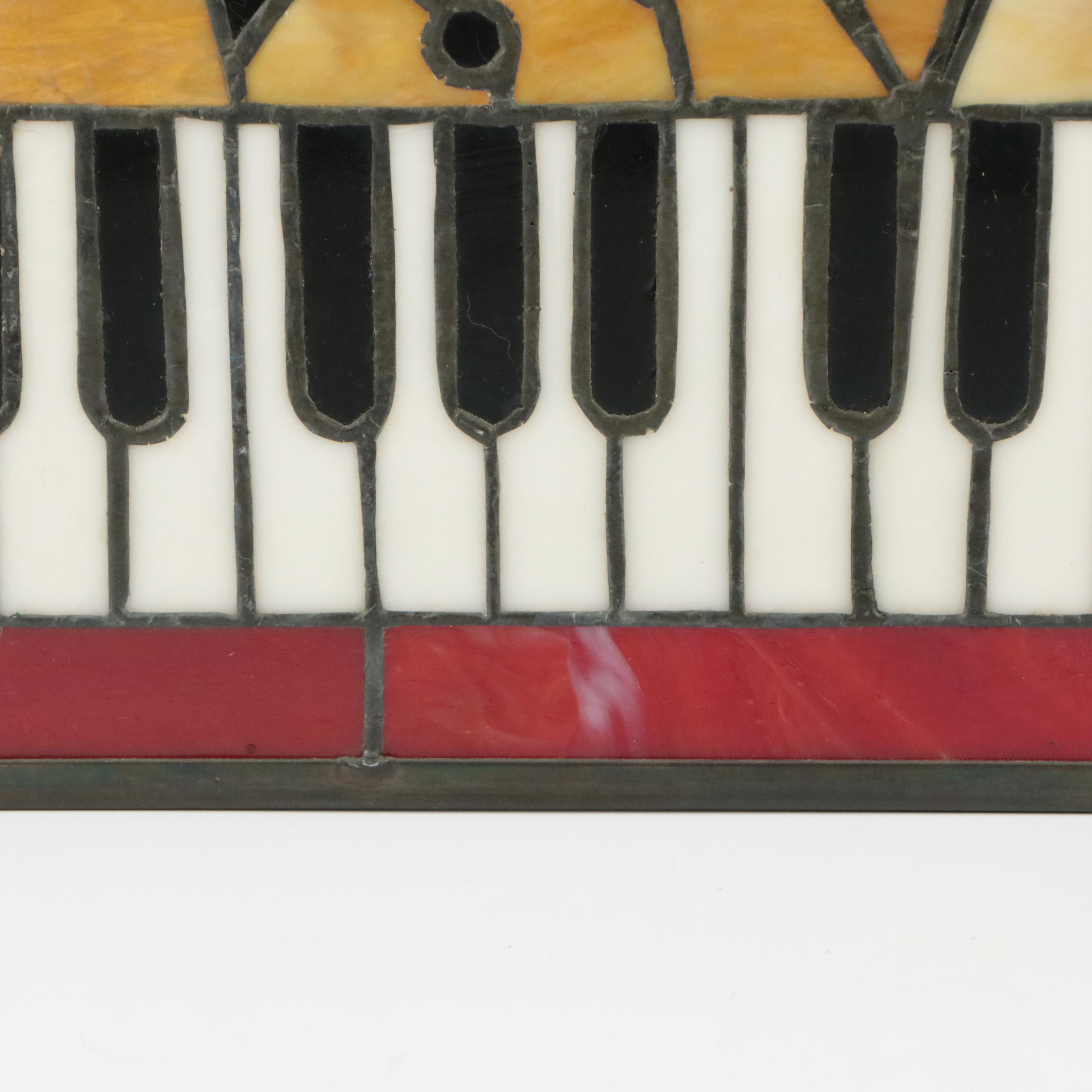 Stained and Slag Glass Hanging Panel of Musical Notes and Piano Keys