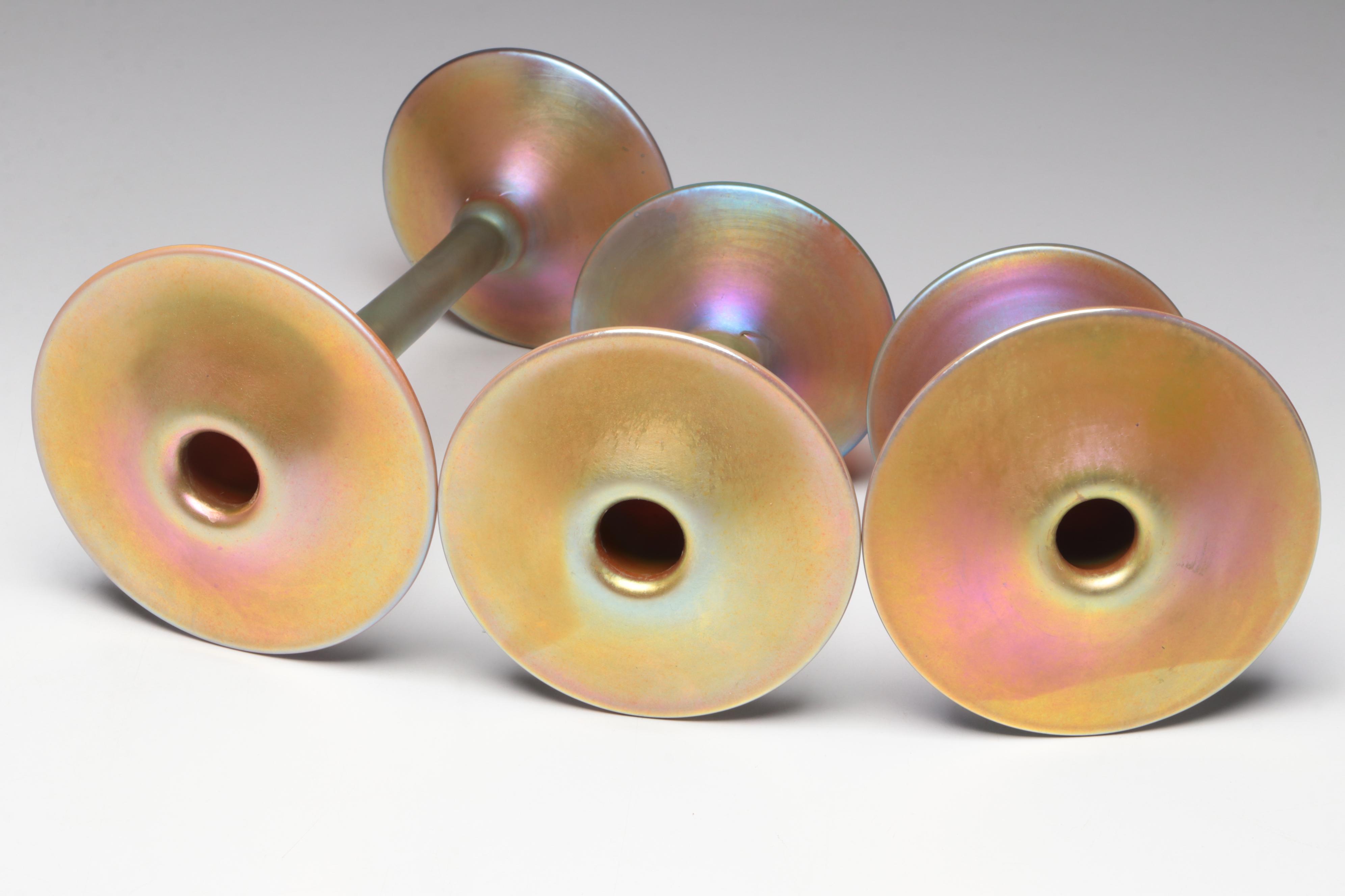 Three Carl Radke Phoenix Studio Glass Gold Iridescent Tapered Candlesticks, 1982