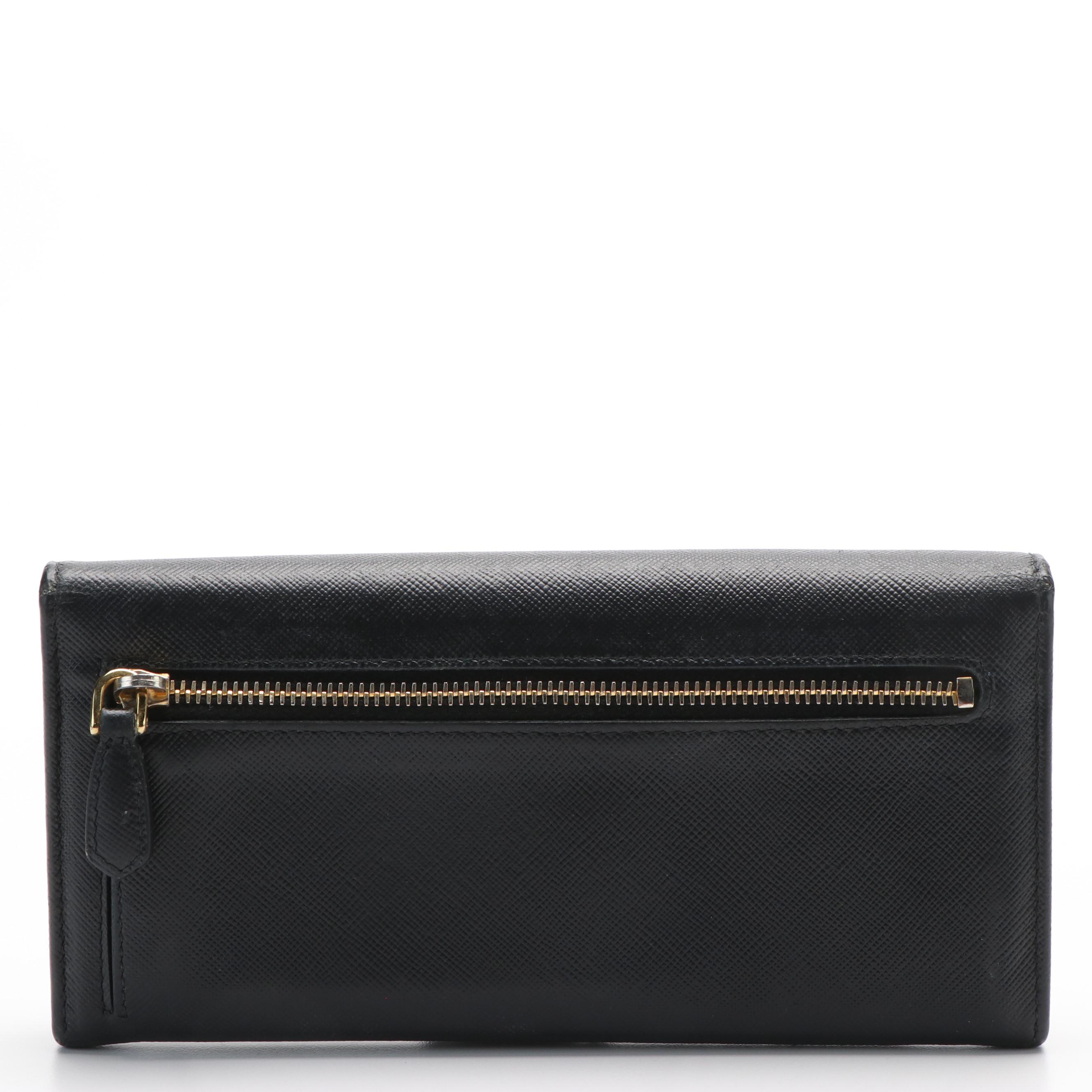 Prada Logo Flap Black Saffiano Leather Continental Wallet With Box