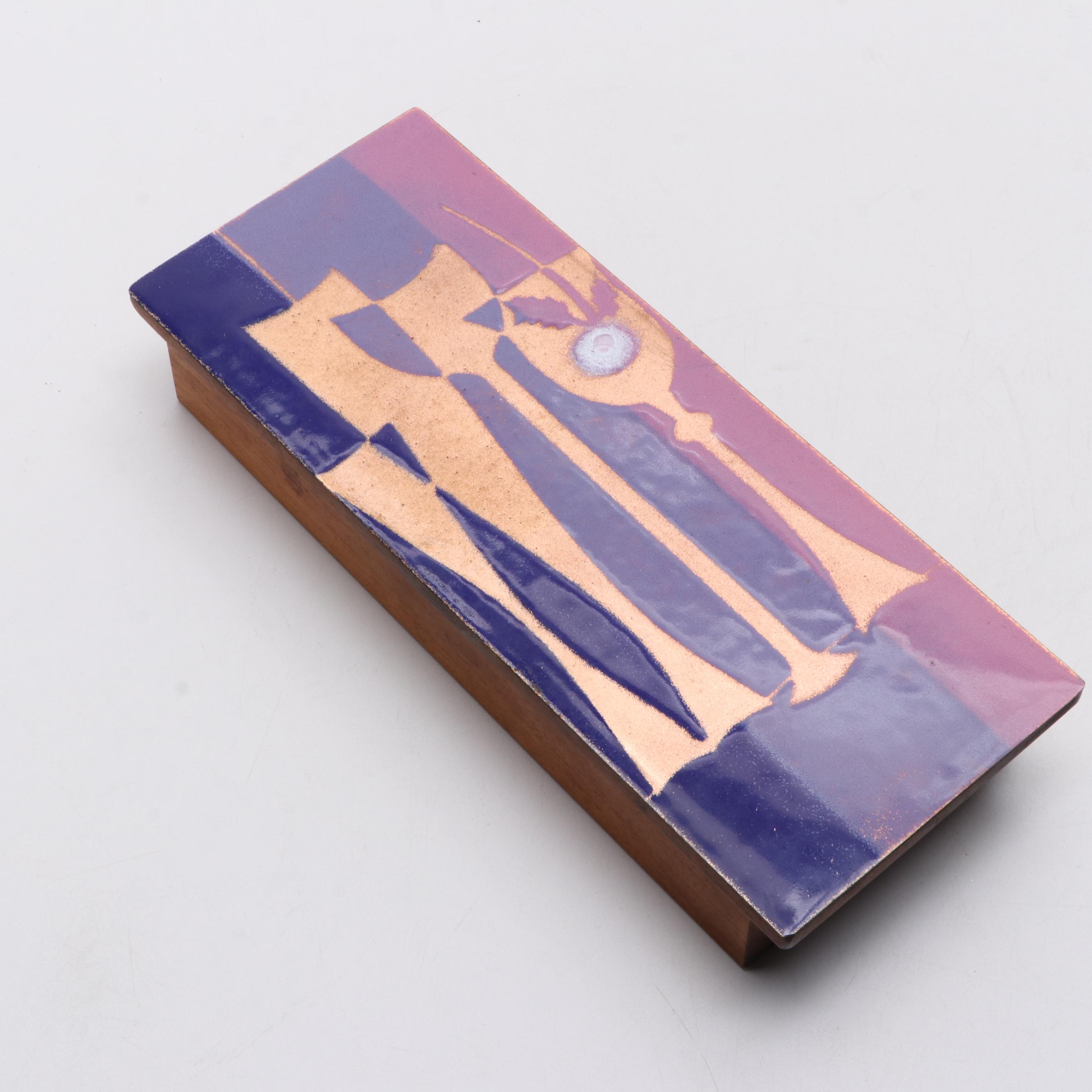 Enameled Table Lighter With Teak Cigarette Box and Plate Set