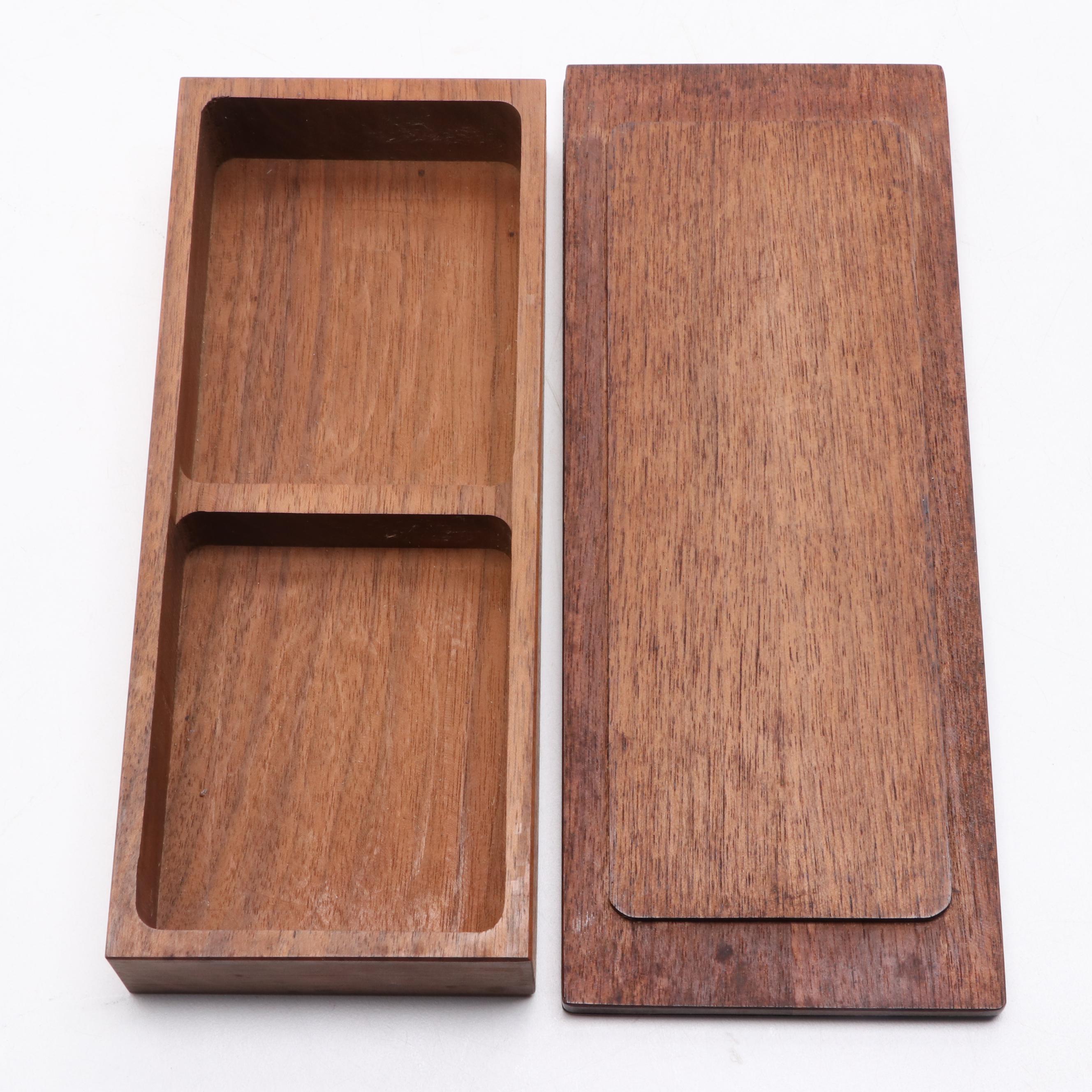 Enameled Table Lighter With Teak Cigarette Box and Plate Set