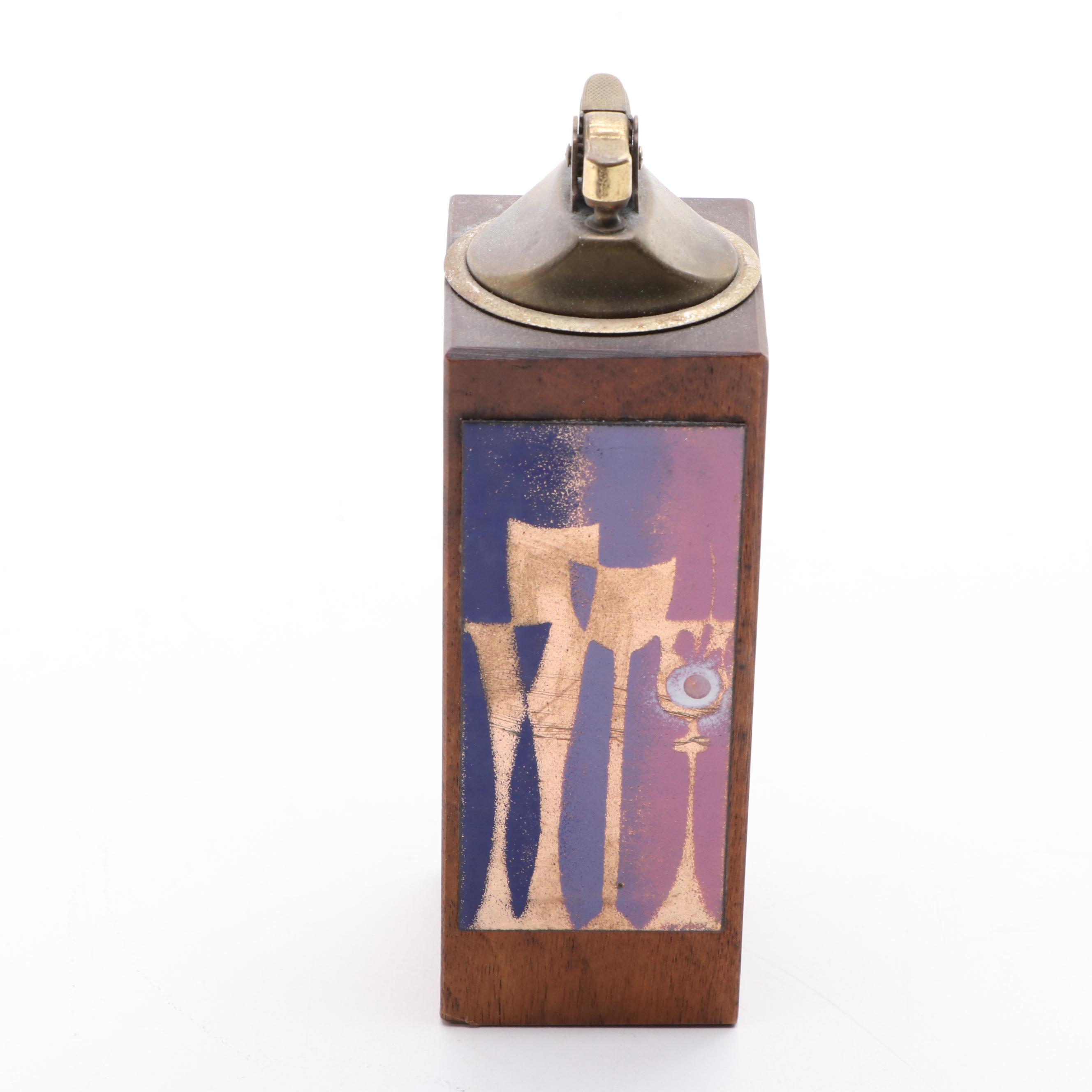 Enameled Table Lighter With Teak Cigarette Box and Plate Set