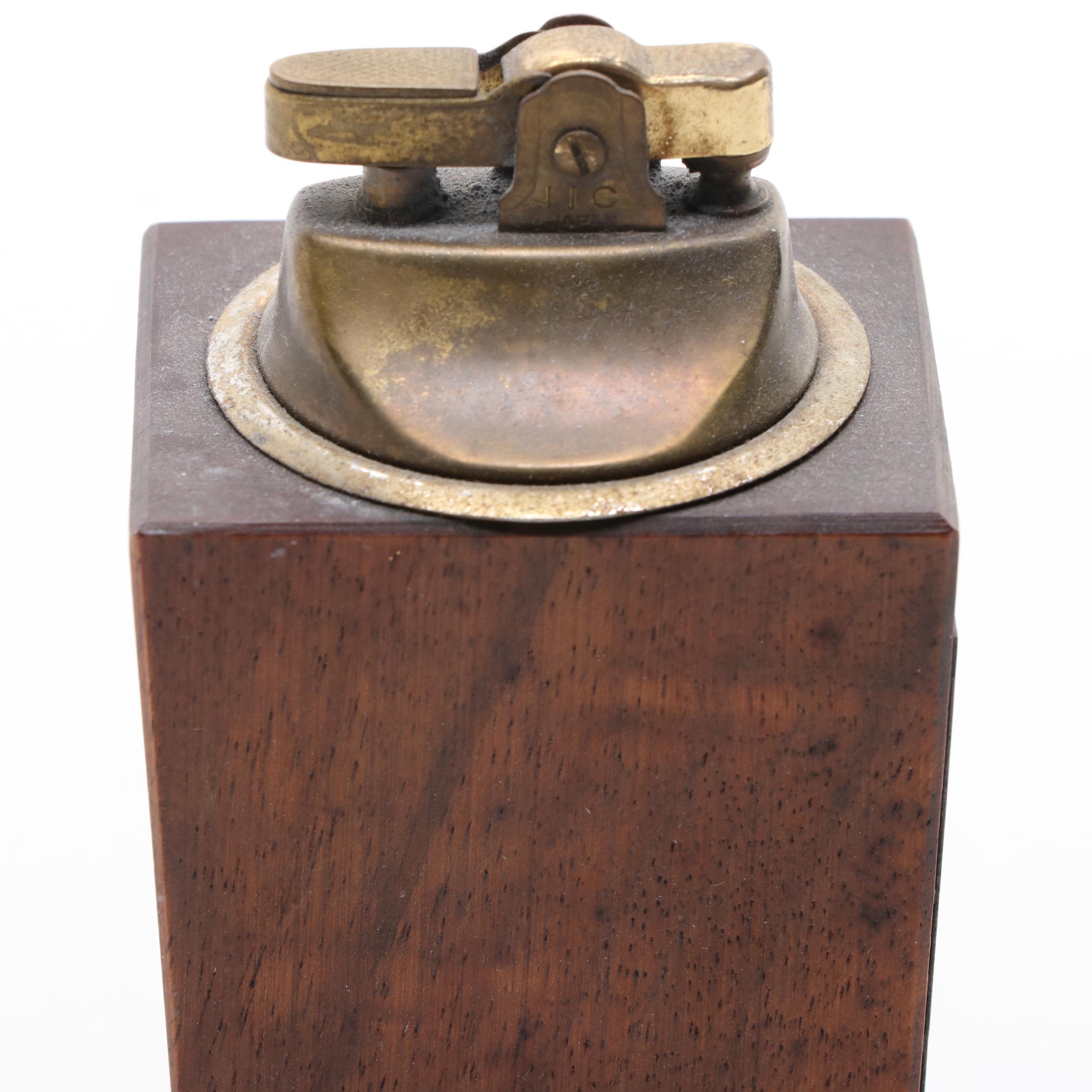Enameled Table Lighter With Teak Cigarette Box and Plate Set