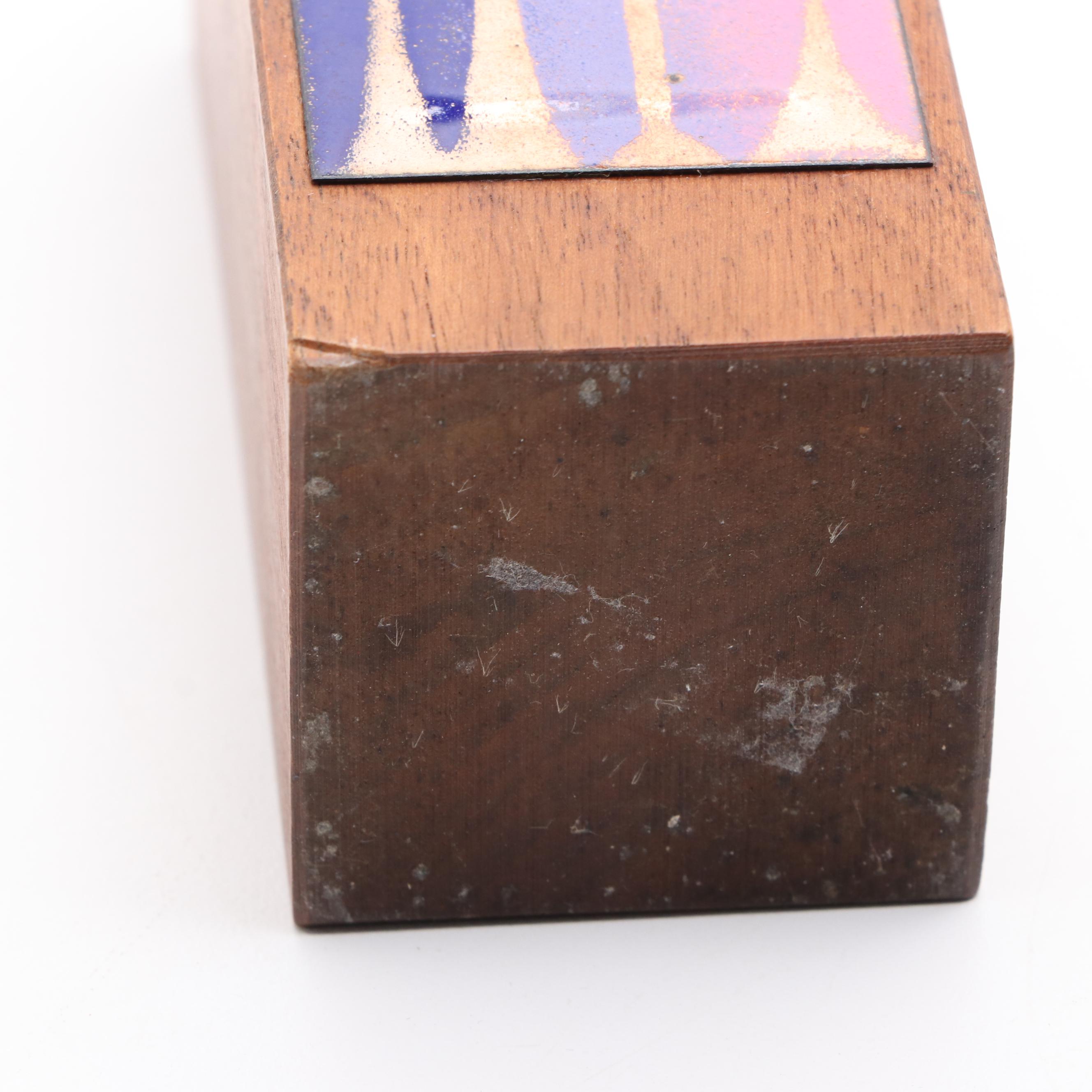 Enameled Table Lighter With Teak Cigarette Box and Plate Set