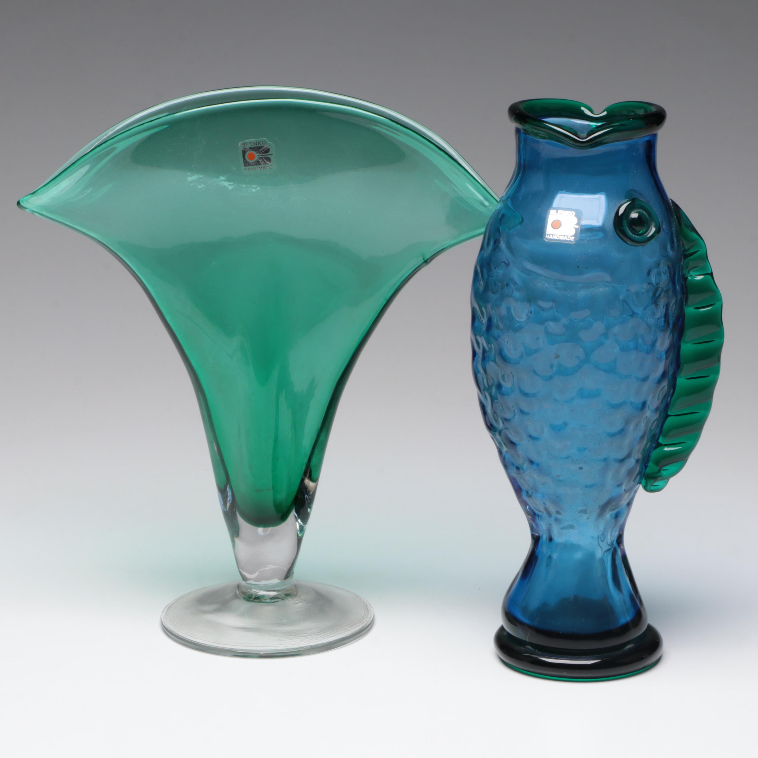 Blenko Emerald Fan Art Glass Vase and Blue Fish Vase