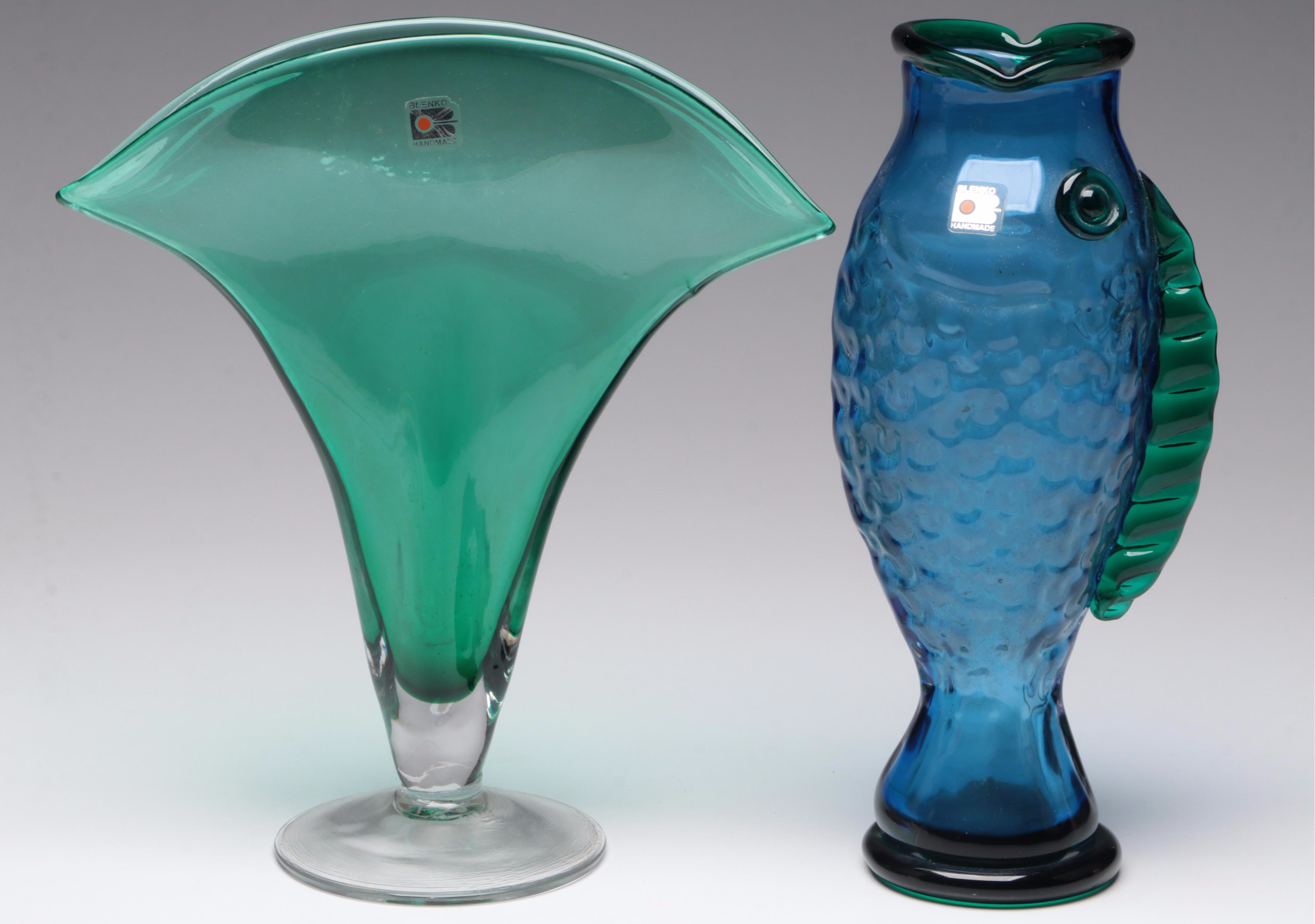 Blenko Emerald Fan Art Glass Vase and Blue Fish Vase