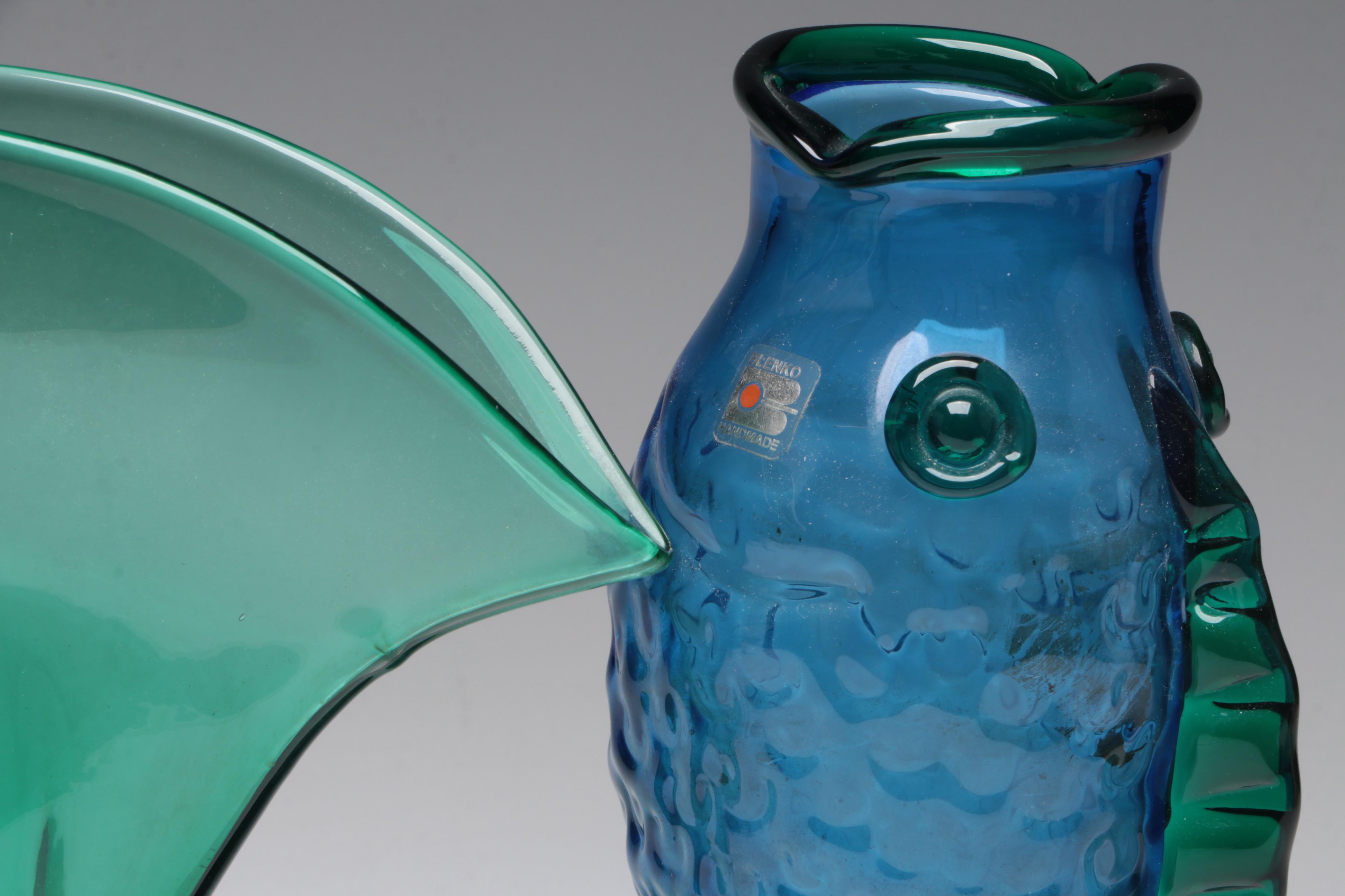 Blenko Emerald Fan Art Glass Vase and Blue Fish Vase