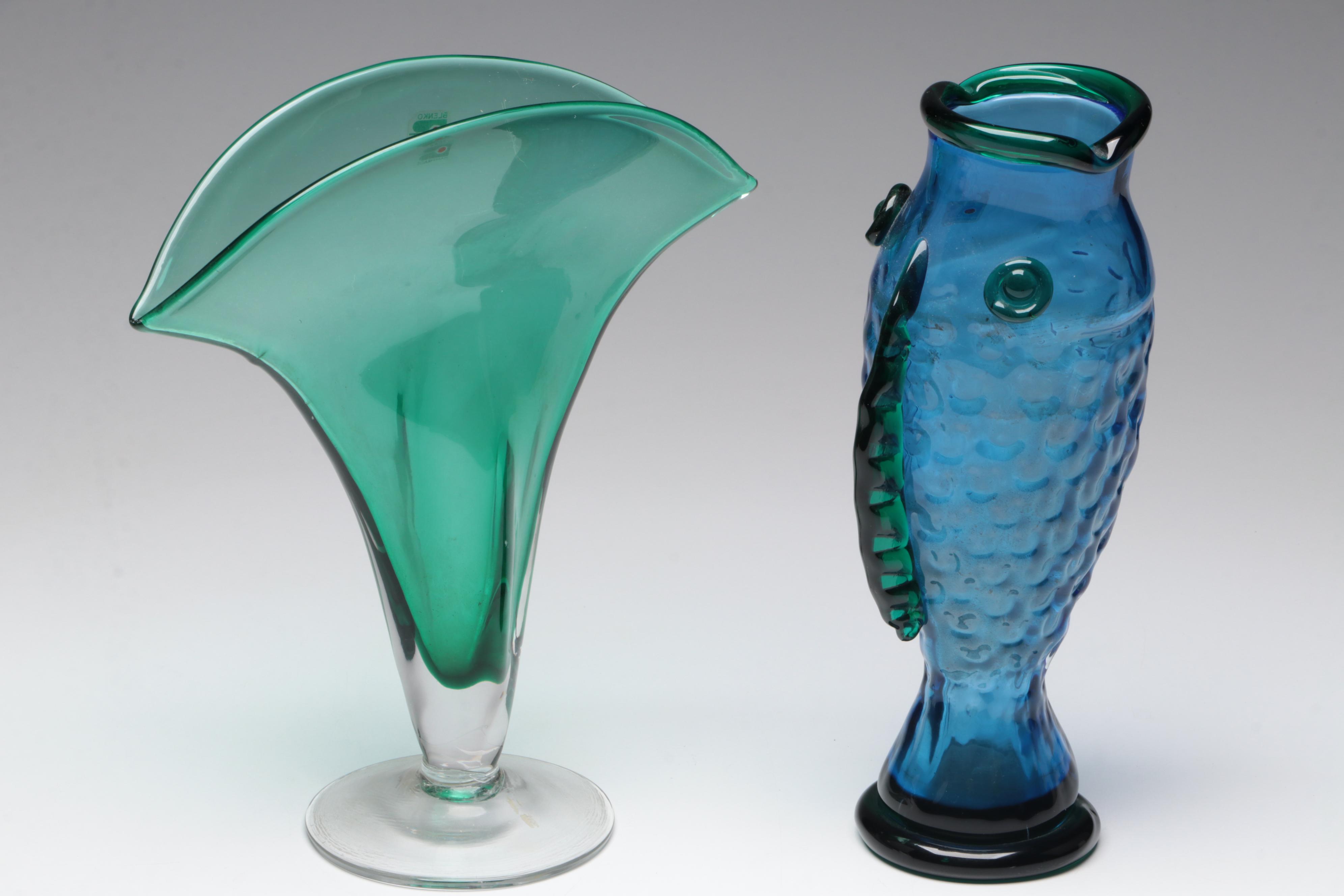 Blenko Emerald Fan Art Glass Vase and Blue Fish Vase