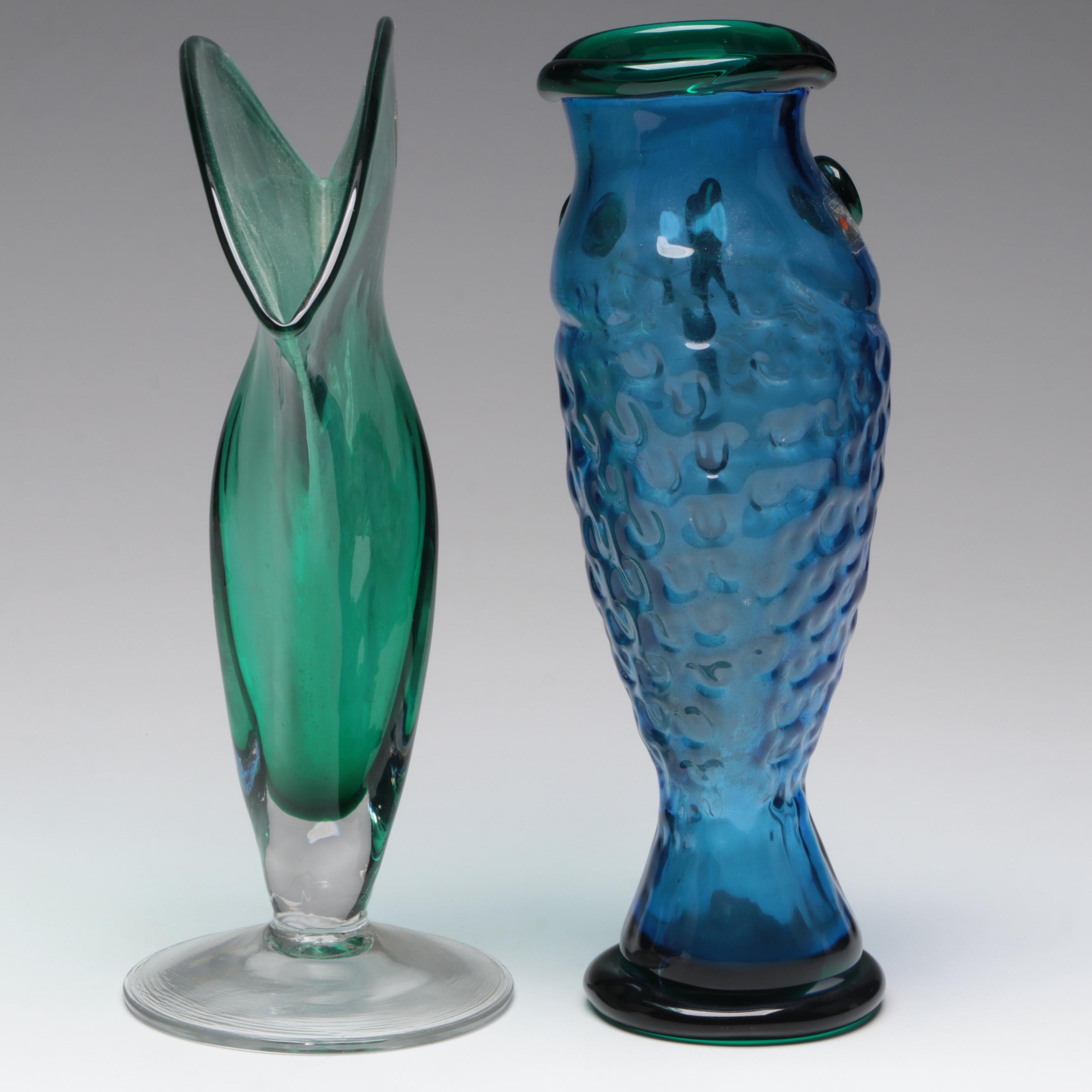 Blenko Emerald Fan Art Glass Vase and Blue Fish Vase