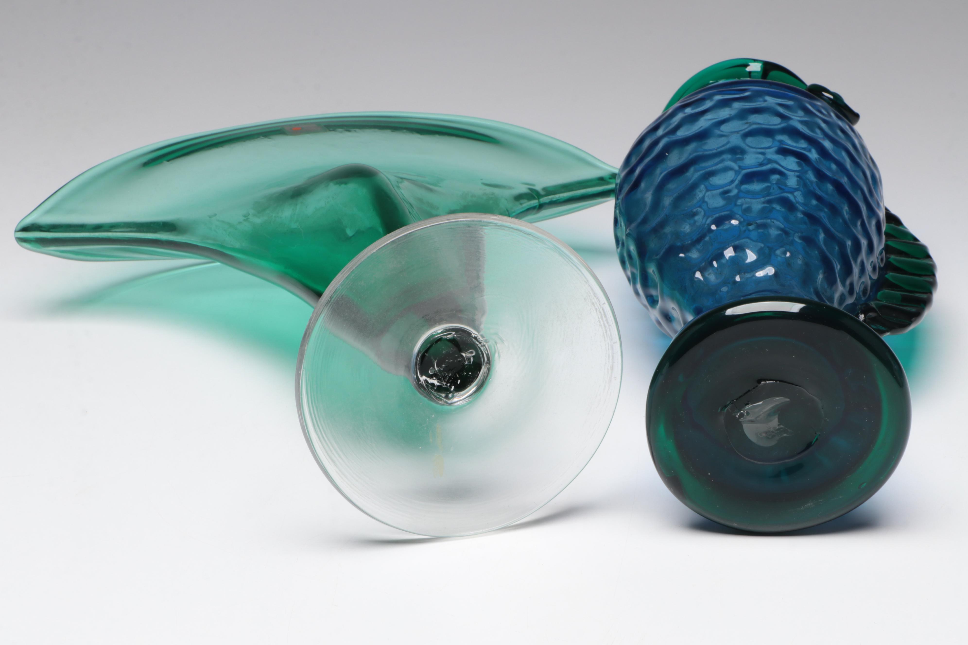 Blenko Emerald Fan Art Glass Vase and Blue Fish Vase