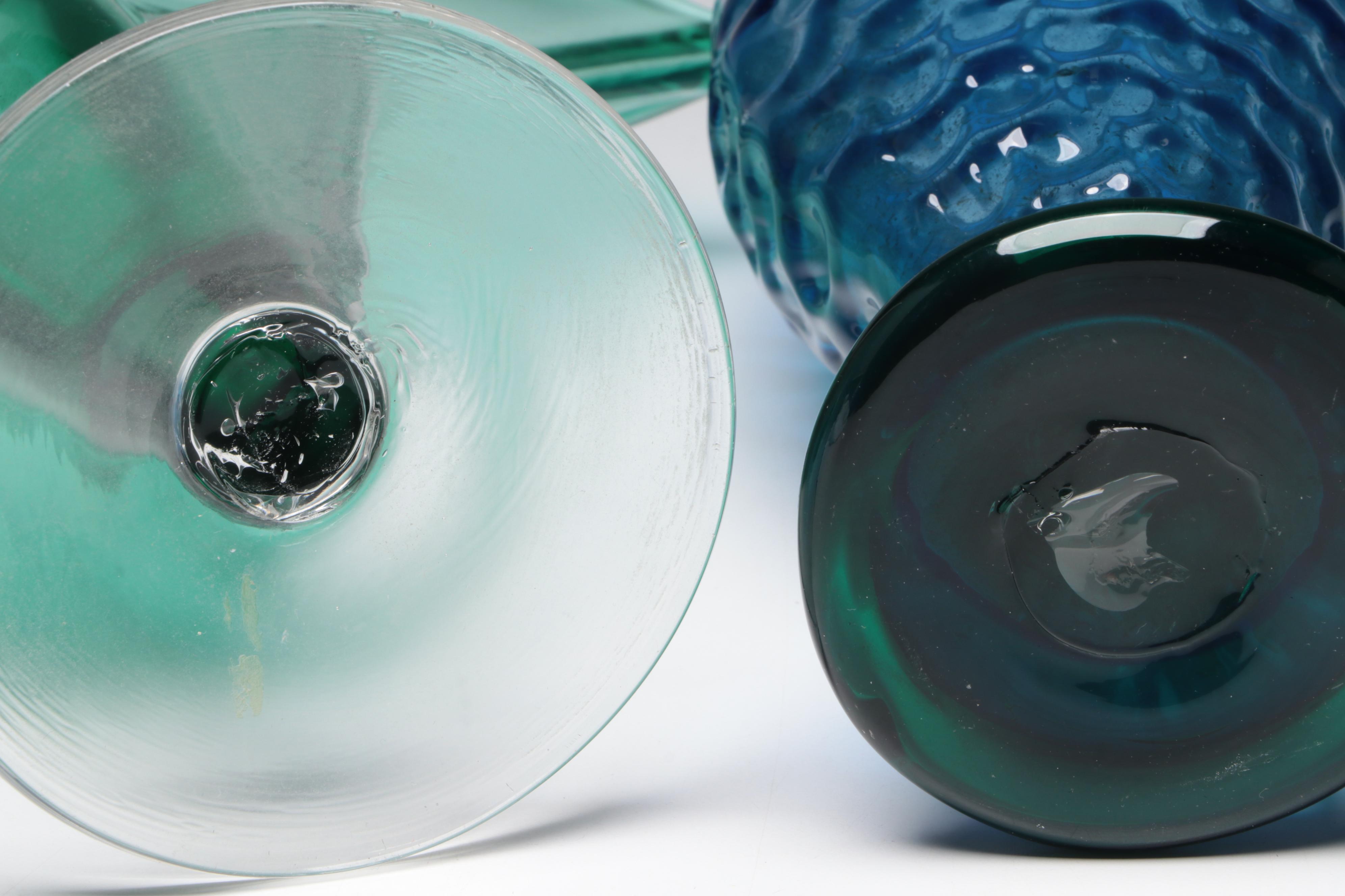 Blenko Emerald Fan Art Glass Vase and Blue Fish Vase