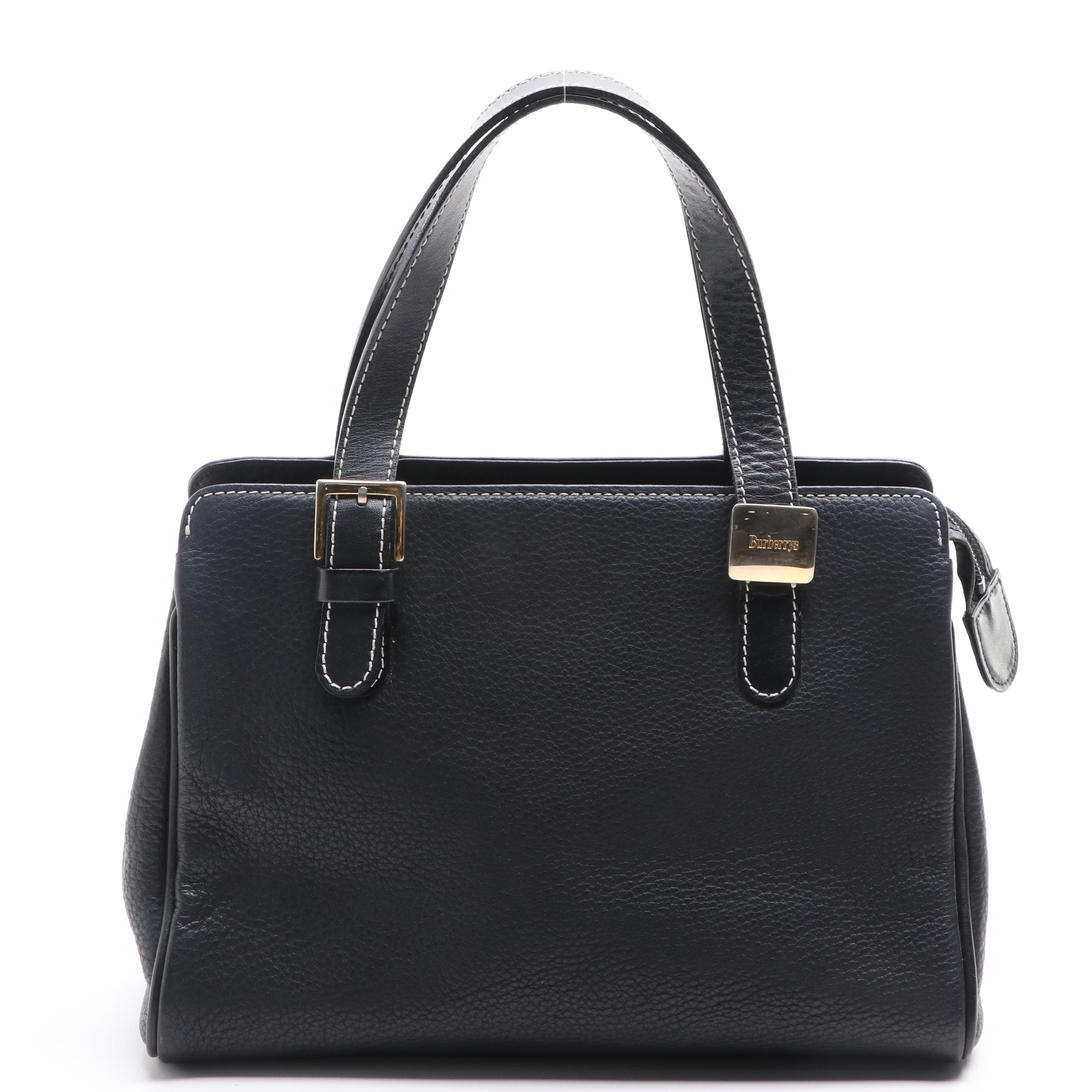 Burberry Pebbled Black Leather and Haymarket Canvas Handbag