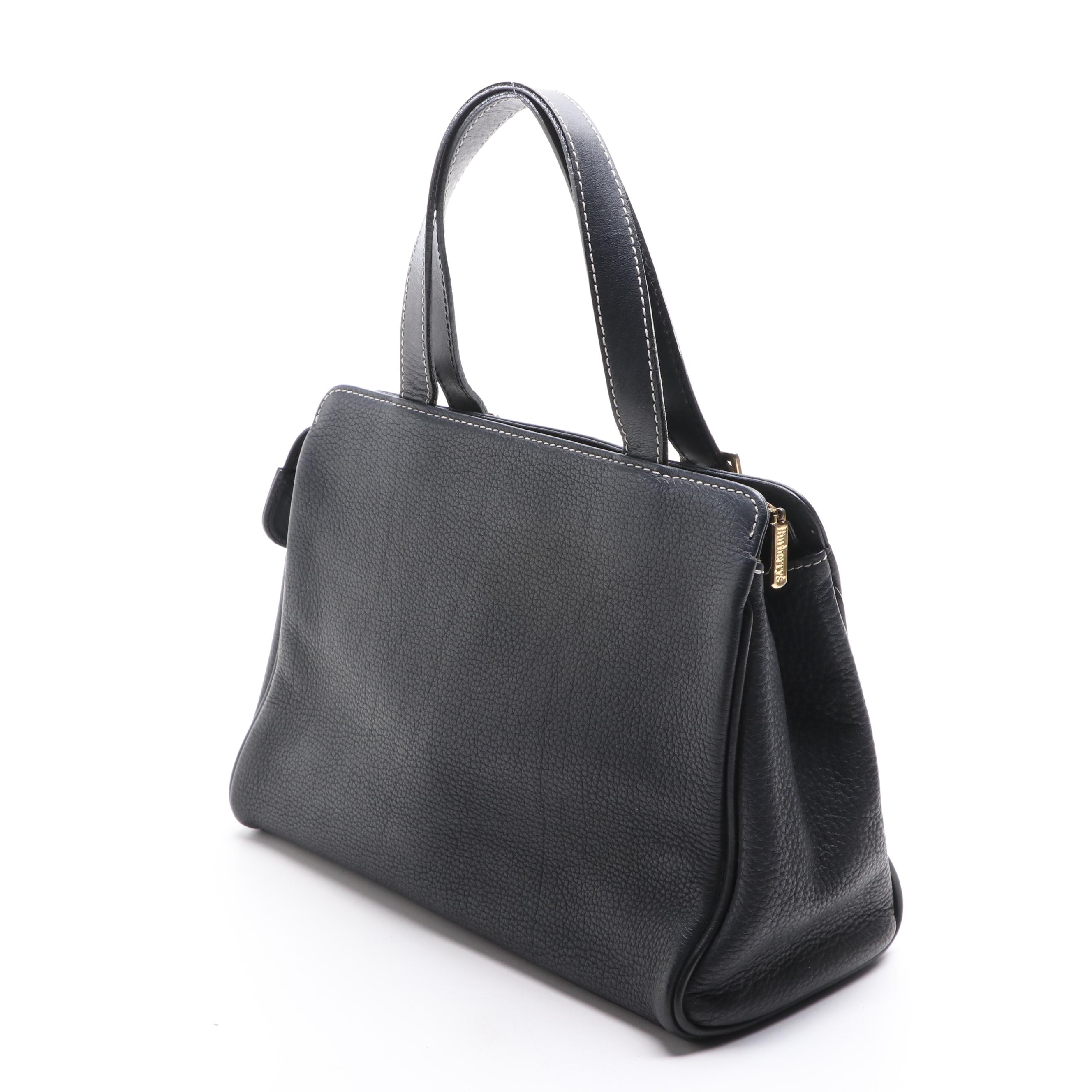 Burberry Pebbled Black Leather and Haymarket Canvas Handbag