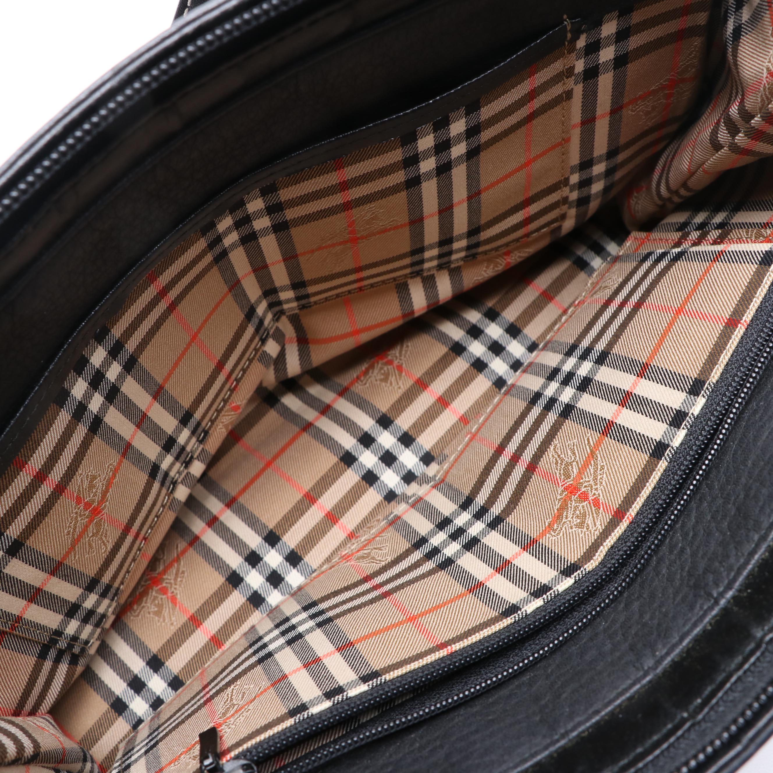 Burberry Pebbled Black Leather and Haymarket Canvas Handbag