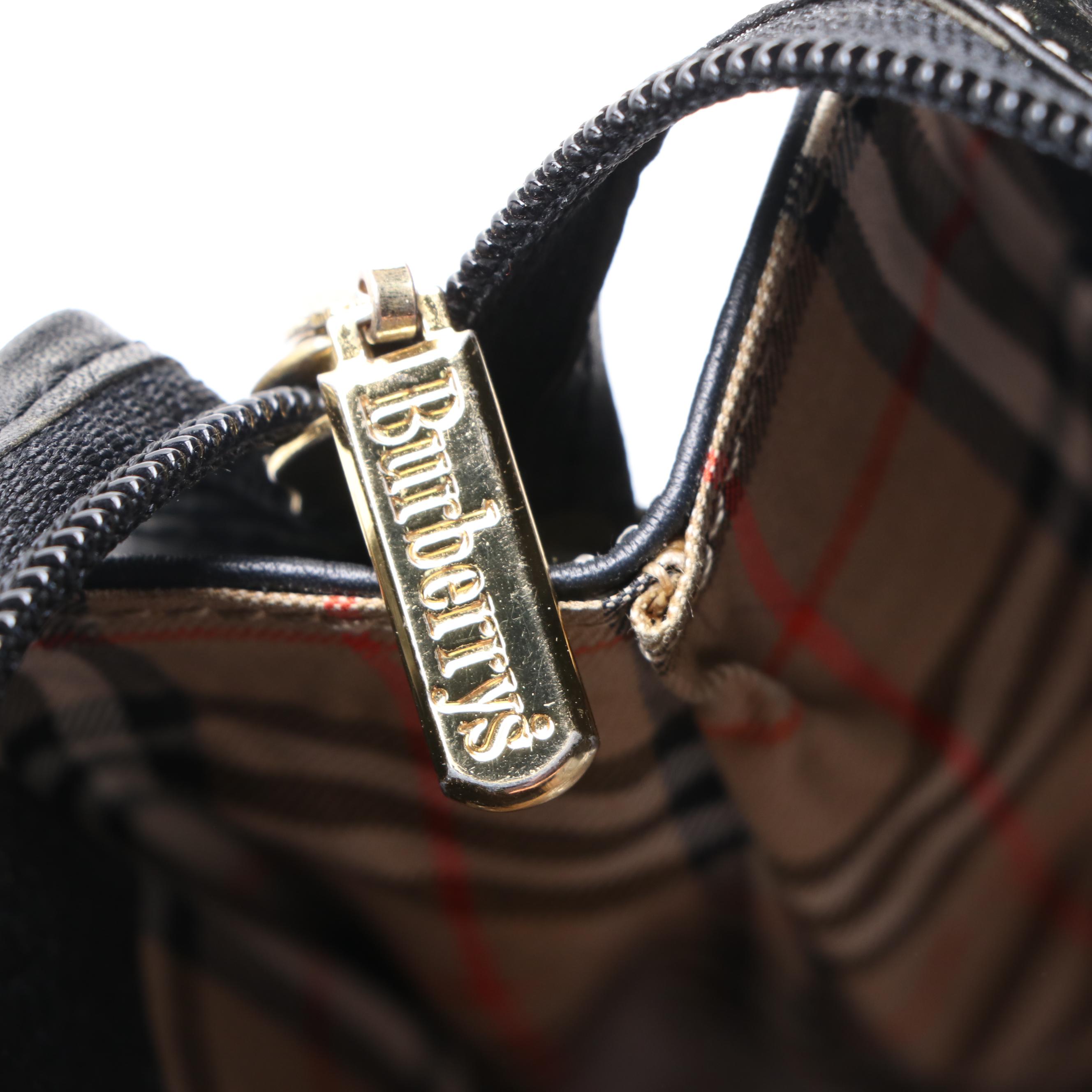 Burberry Pebbled Black Leather and Haymarket Canvas Handbag