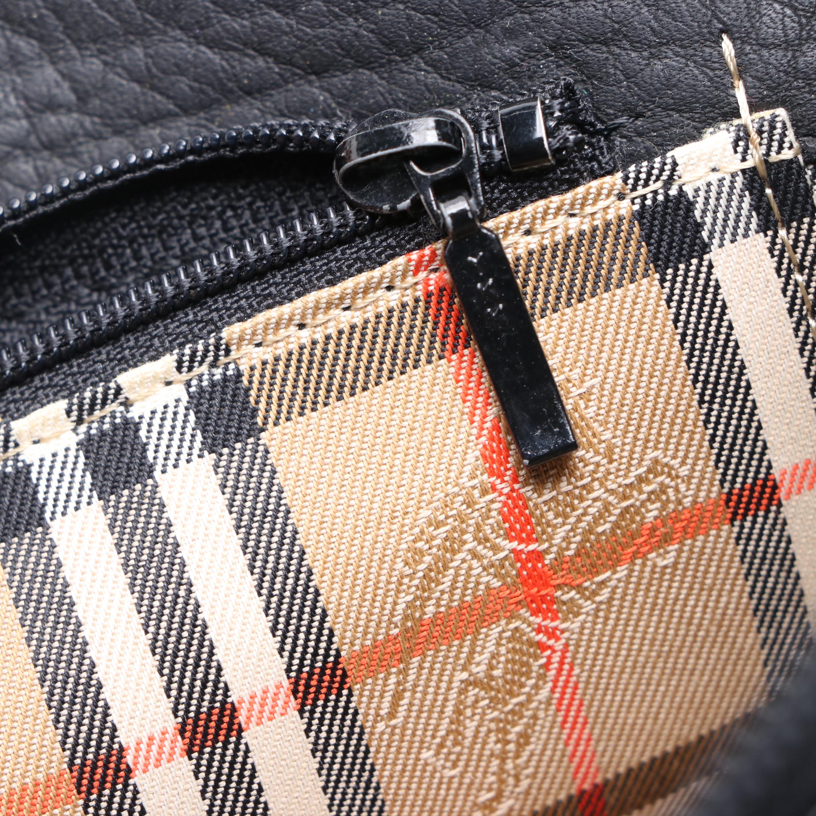 Burberry Pebbled Black Leather and Haymarket Canvas Handbag