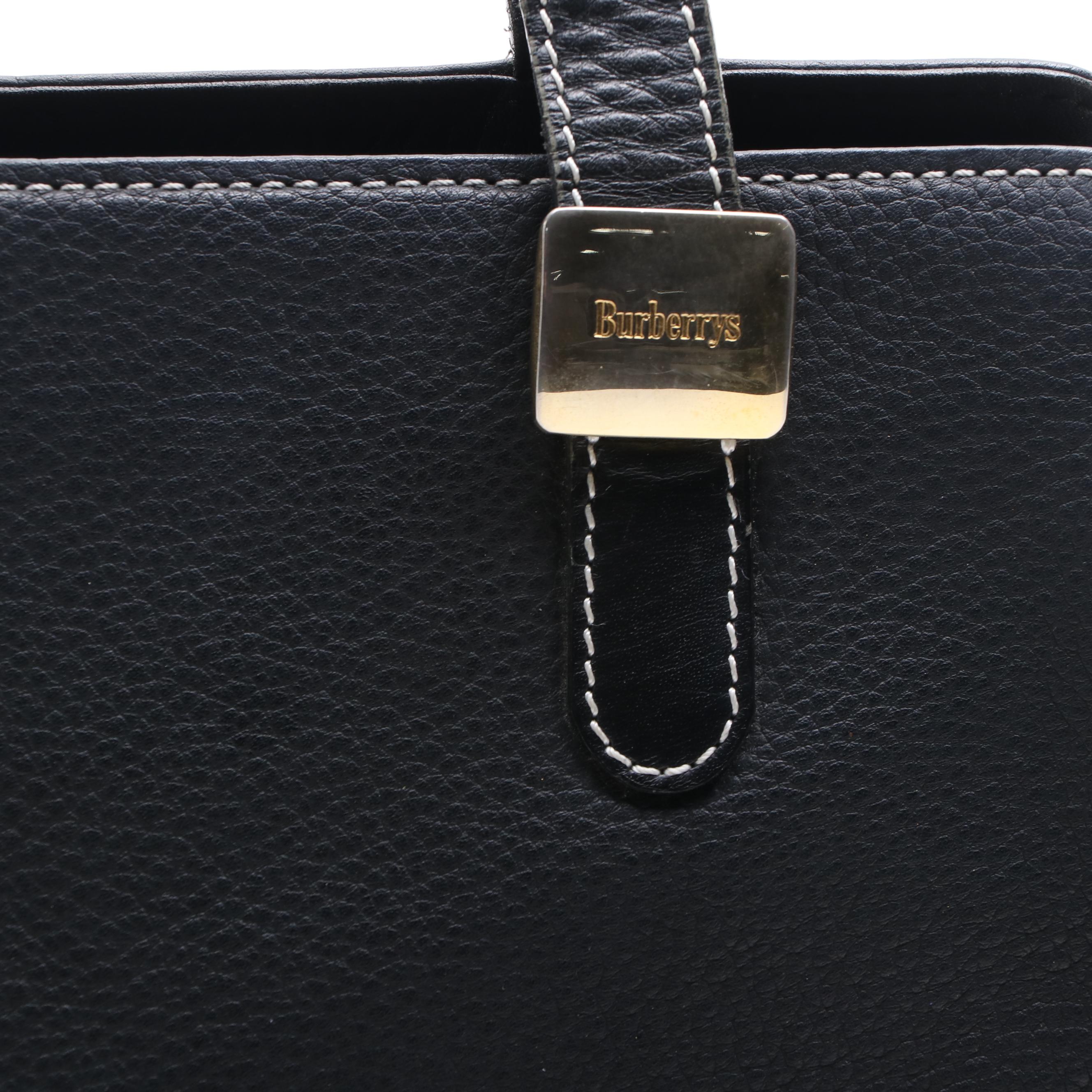 Burberry Pebbled Black Leather and Haymarket Canvas Handbag
