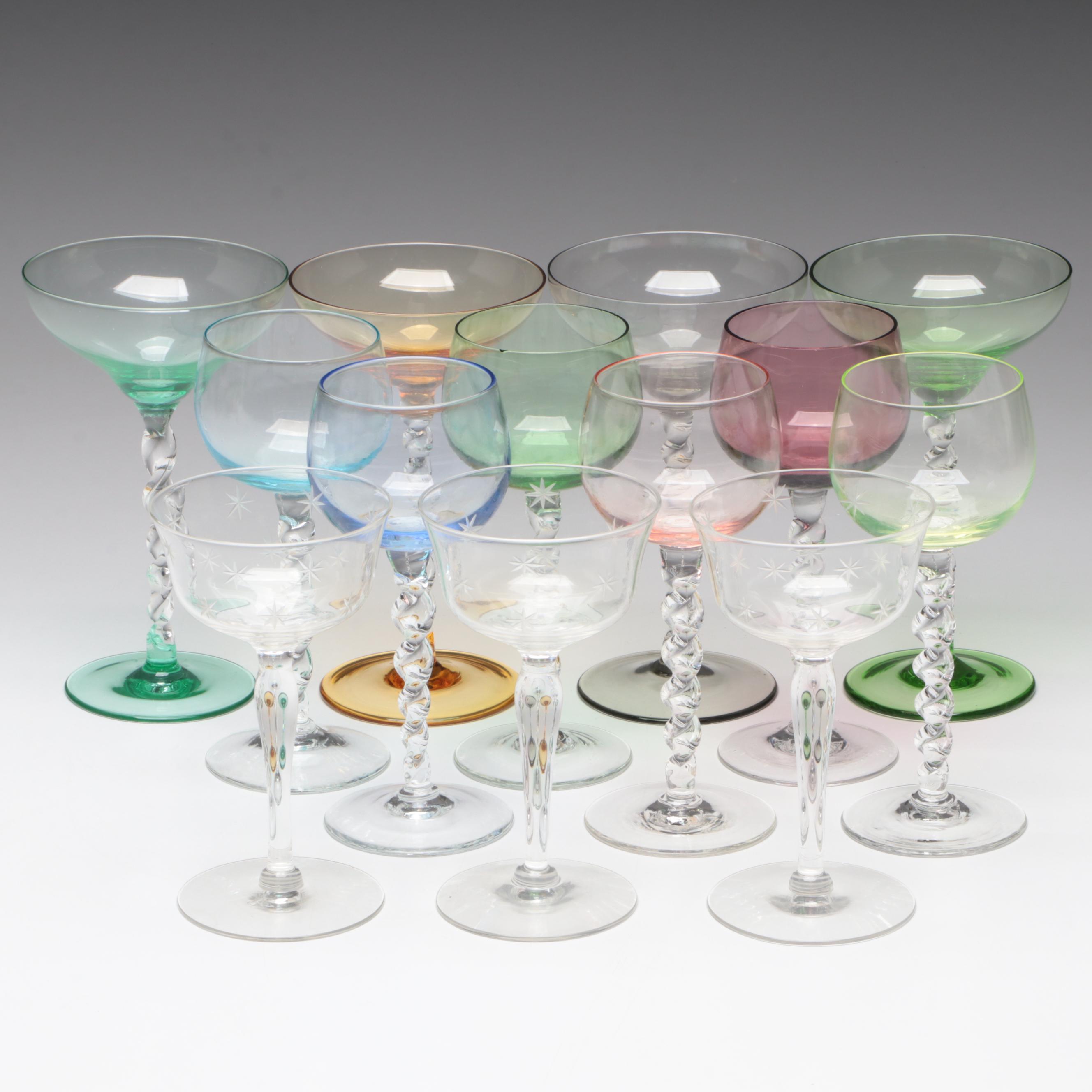 Twist Stem Coupes and Cordial Glasses with Starburst Etched Coupes