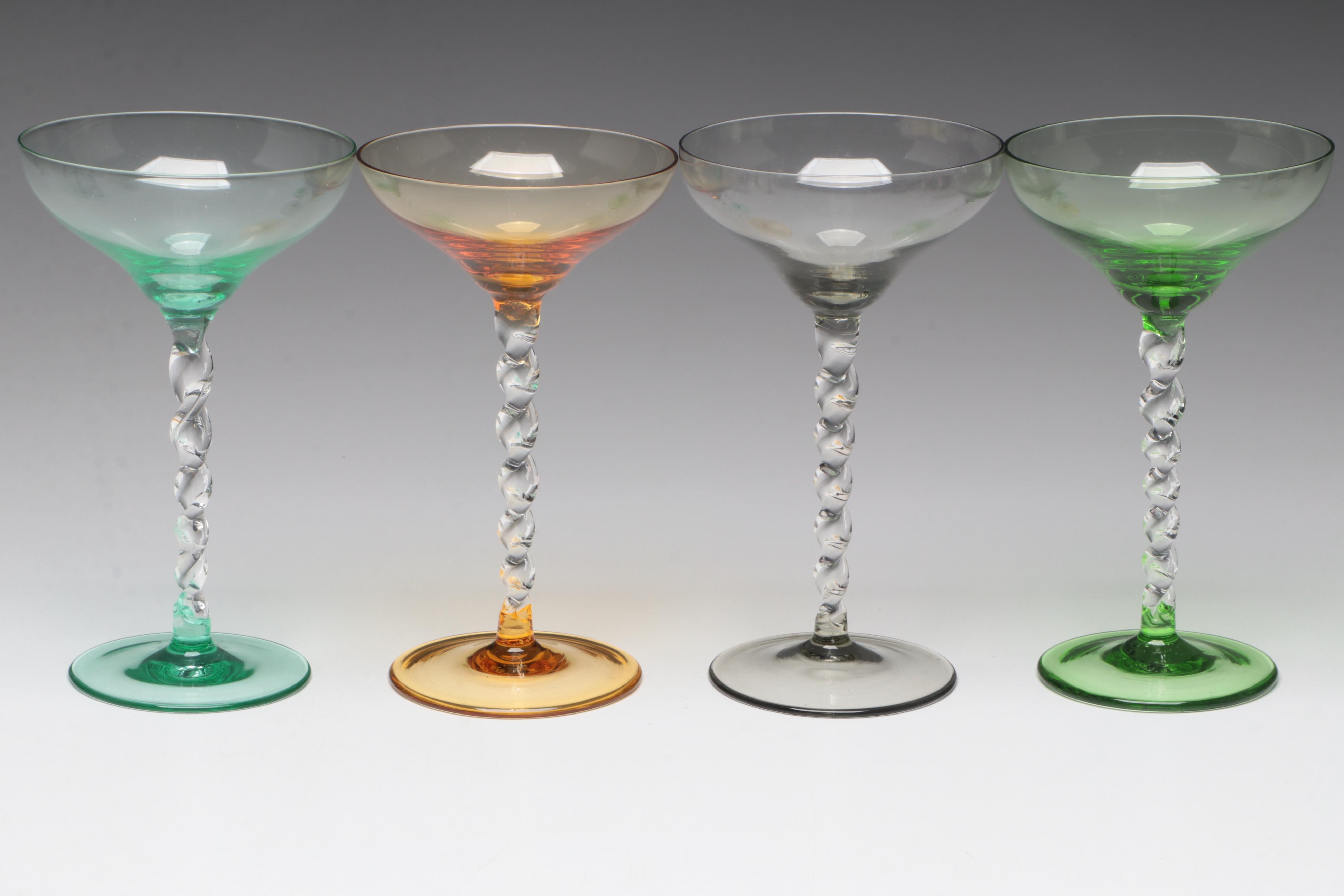 Twist Stem Coupes and Cordial Glasses with Starburst Etched Coupes