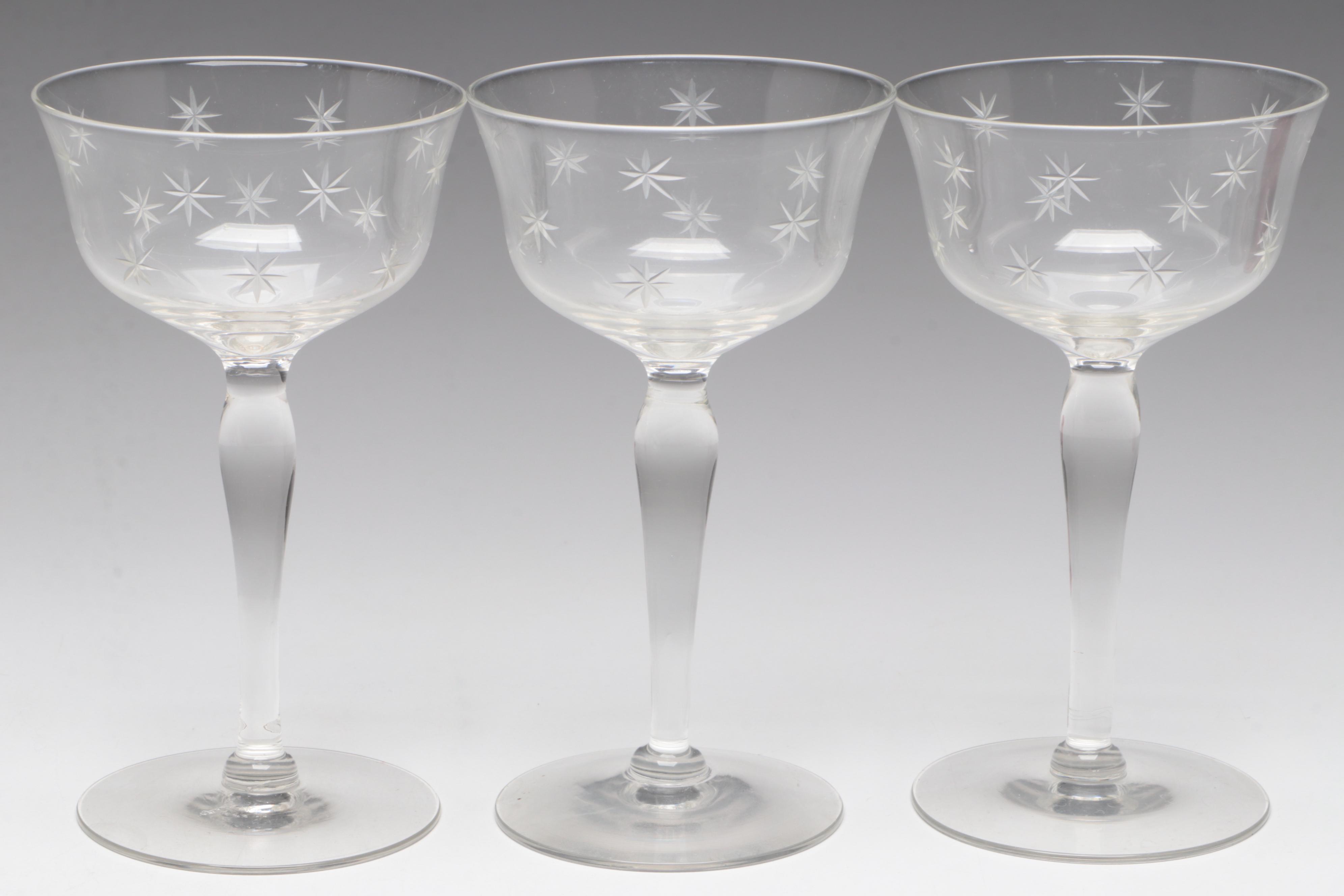 Twist Stem Coupes and Cordial Glasses with Starburst Etched Coupes
