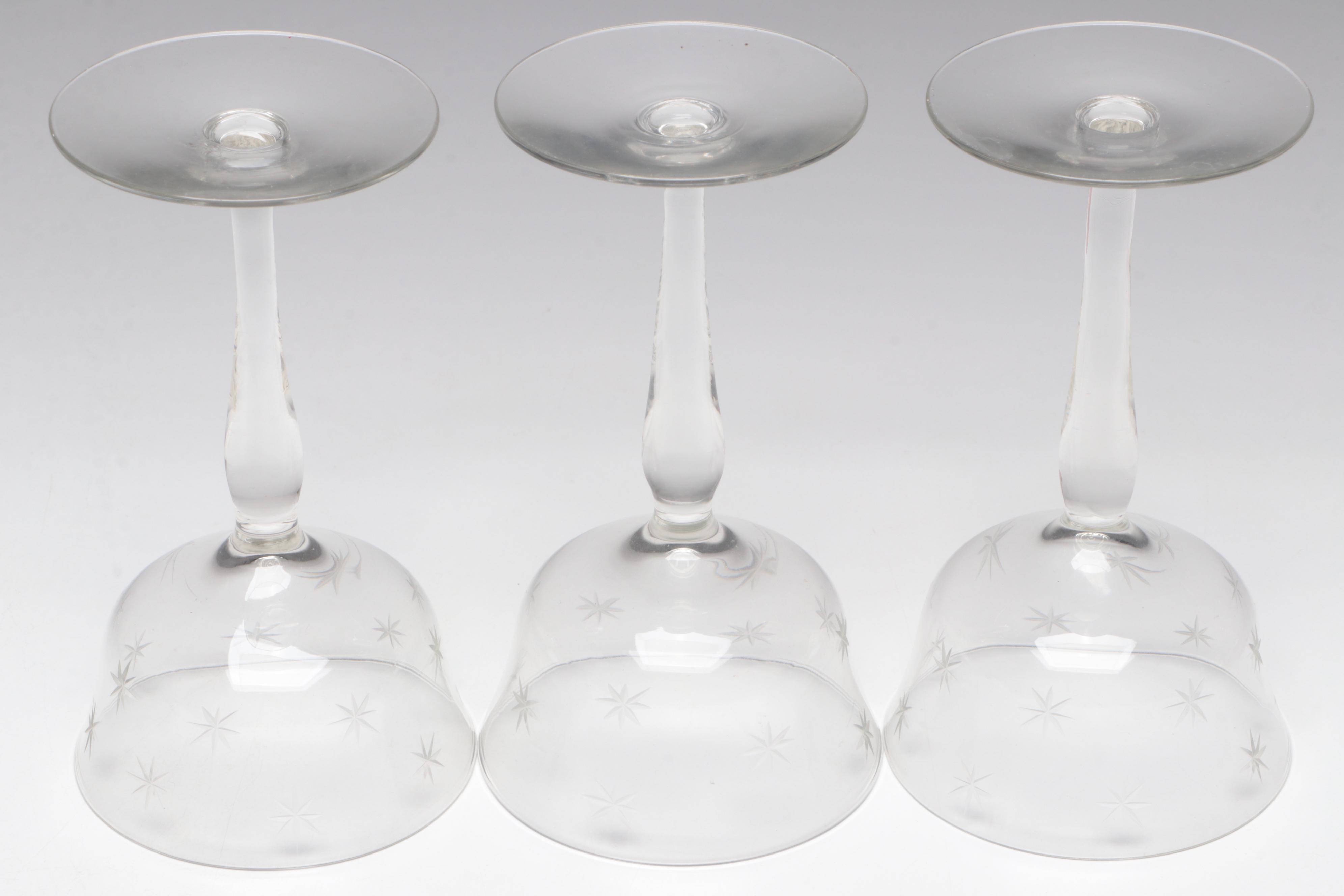 Twist Stem Coupes and Cordial Glasses with Starburst Etched Coupes