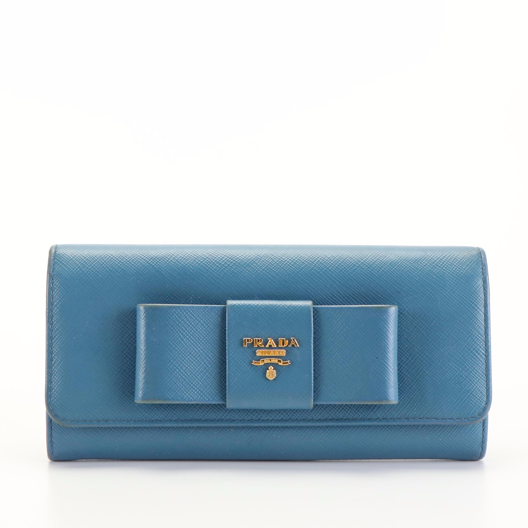 Prada Continental Bow Wallet in Sky Blue Saffiano Leather