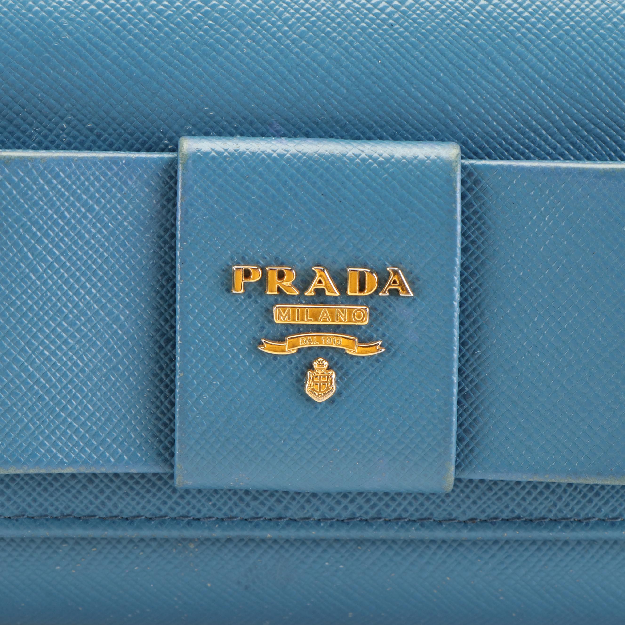 Prada Continental Bow Wallet in Sky Blue Saffiano Leather
